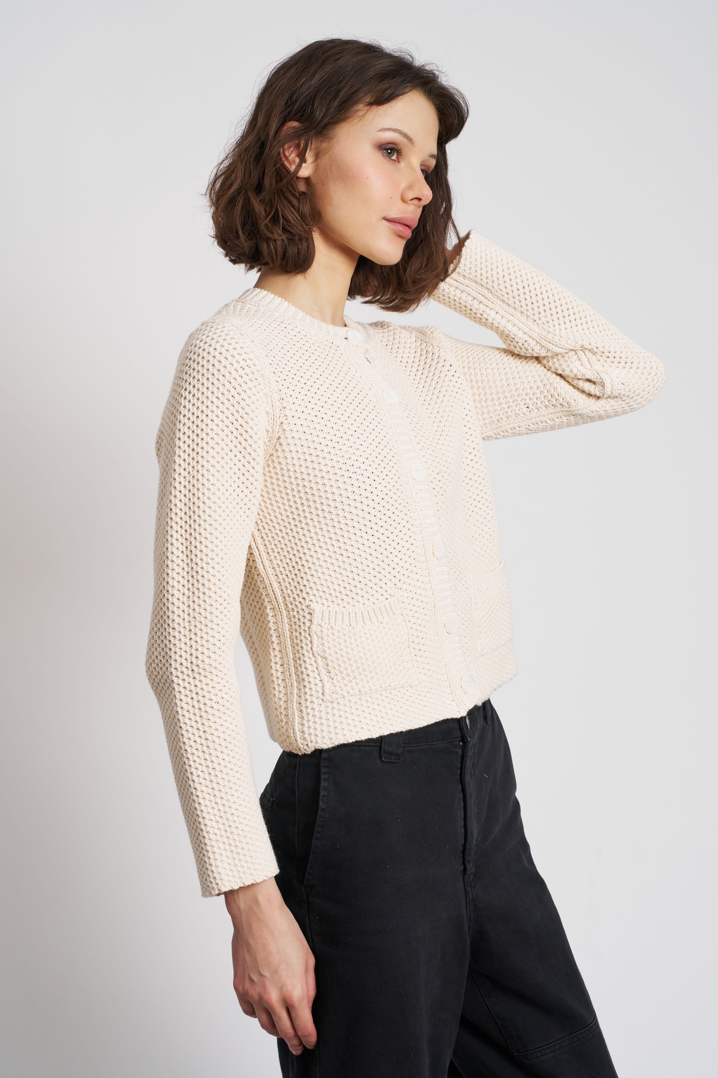 Majestic Organic Cotton Knit Crewneck Cardigan in Milk