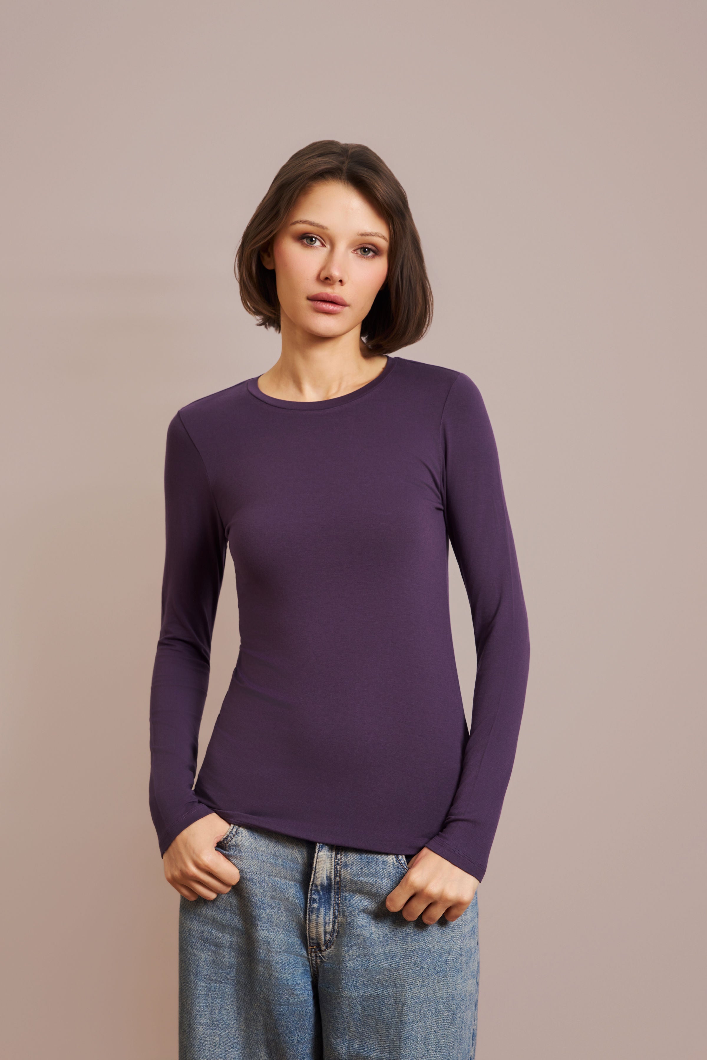 Majestic Long Sleeve Soft Touch Viscose Crewneck in Anemone