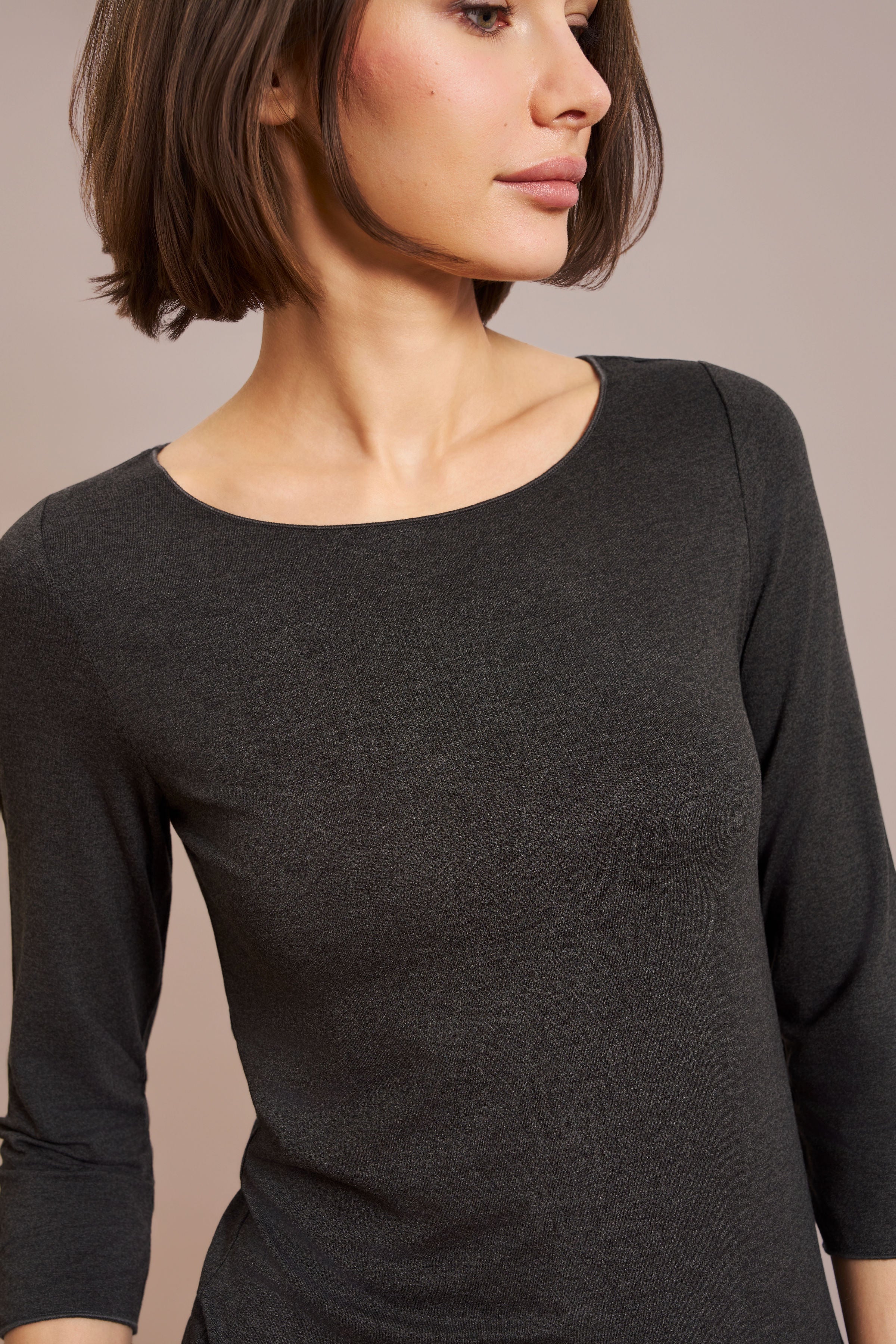 Majestic Soft Touch 3/4 Sleeve Merrow Edge Boatneck in Anthracite Chine