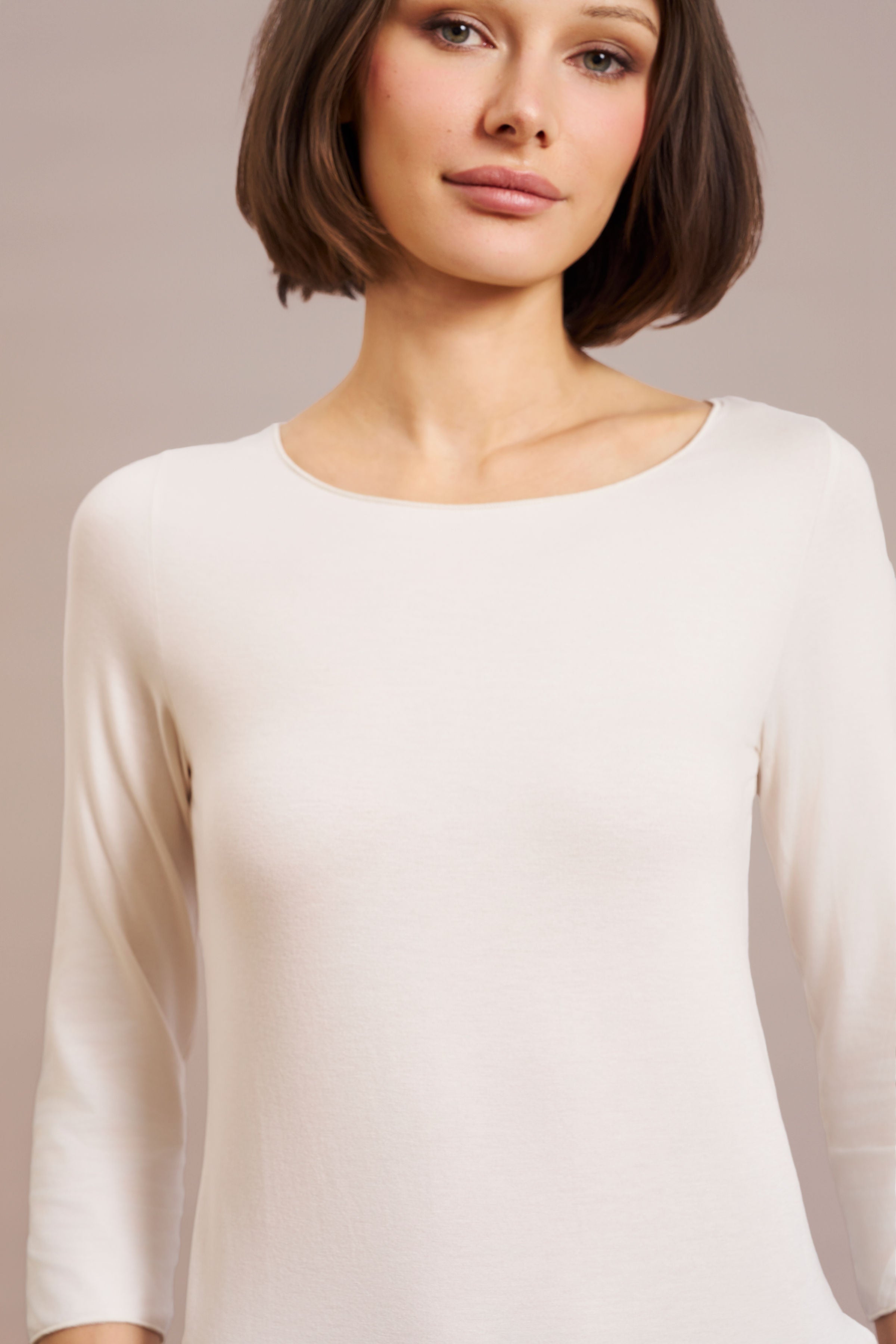 Majestic Soft Touch 3/4 Sleeve Merrow Edge Boatneck in Cream