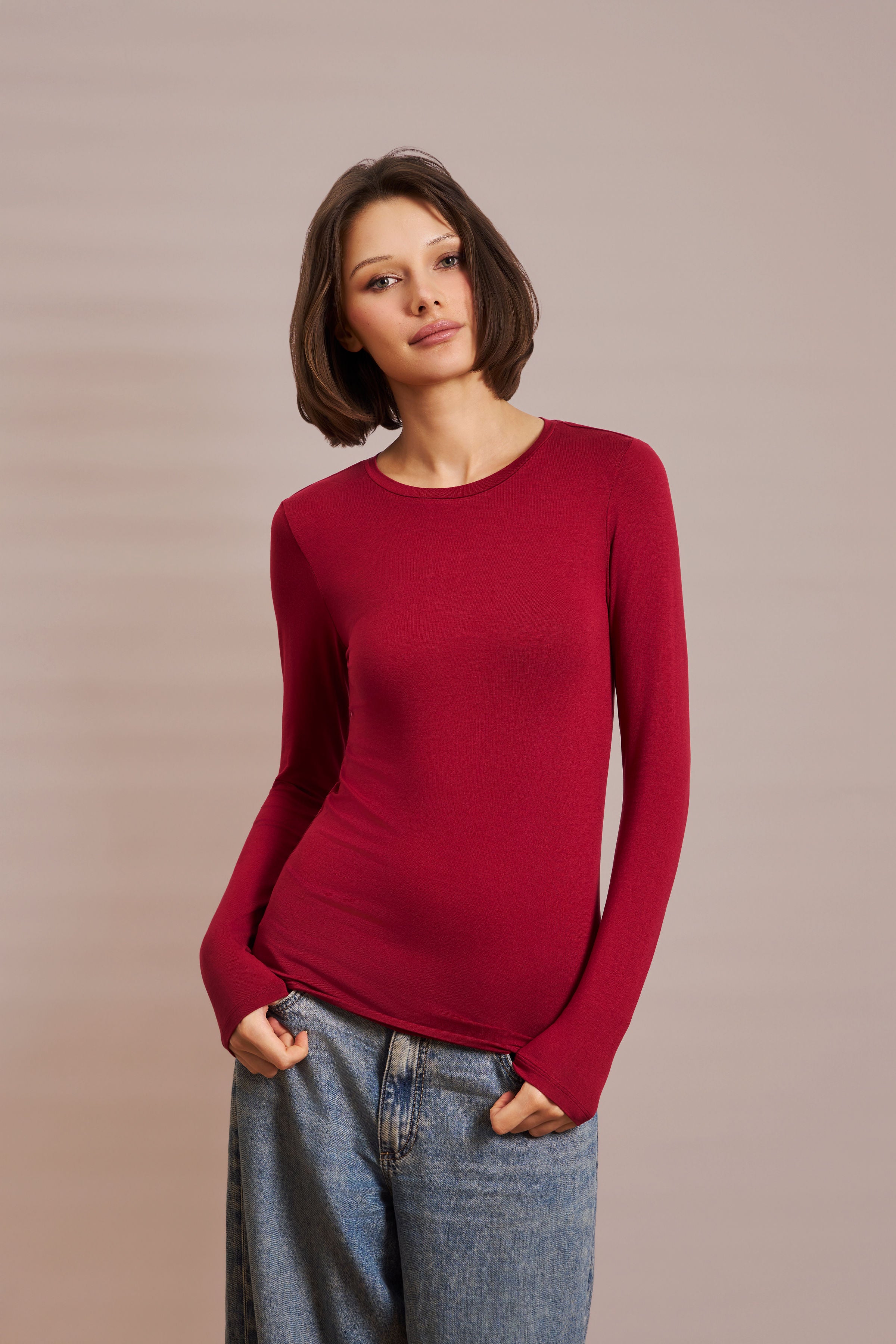 Majestic Long Sleeve Soft Touch Viscose Crewneck in Syrah