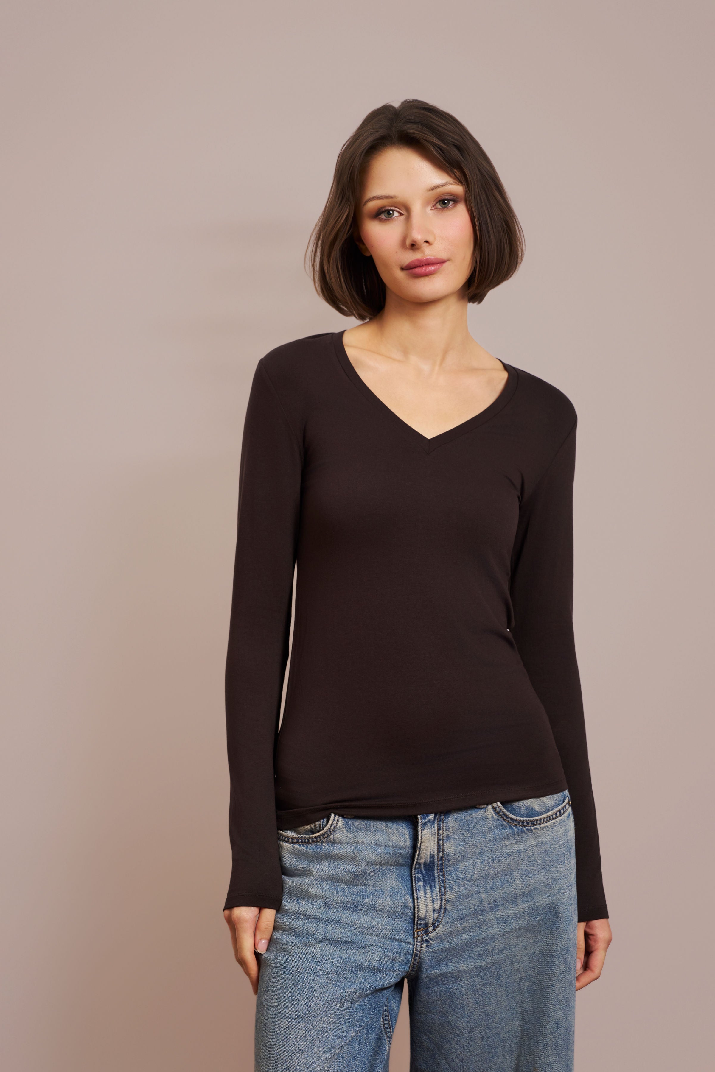 Majestic Long Sleeve Viscose V-Neck Tee in Chocolate Mousse