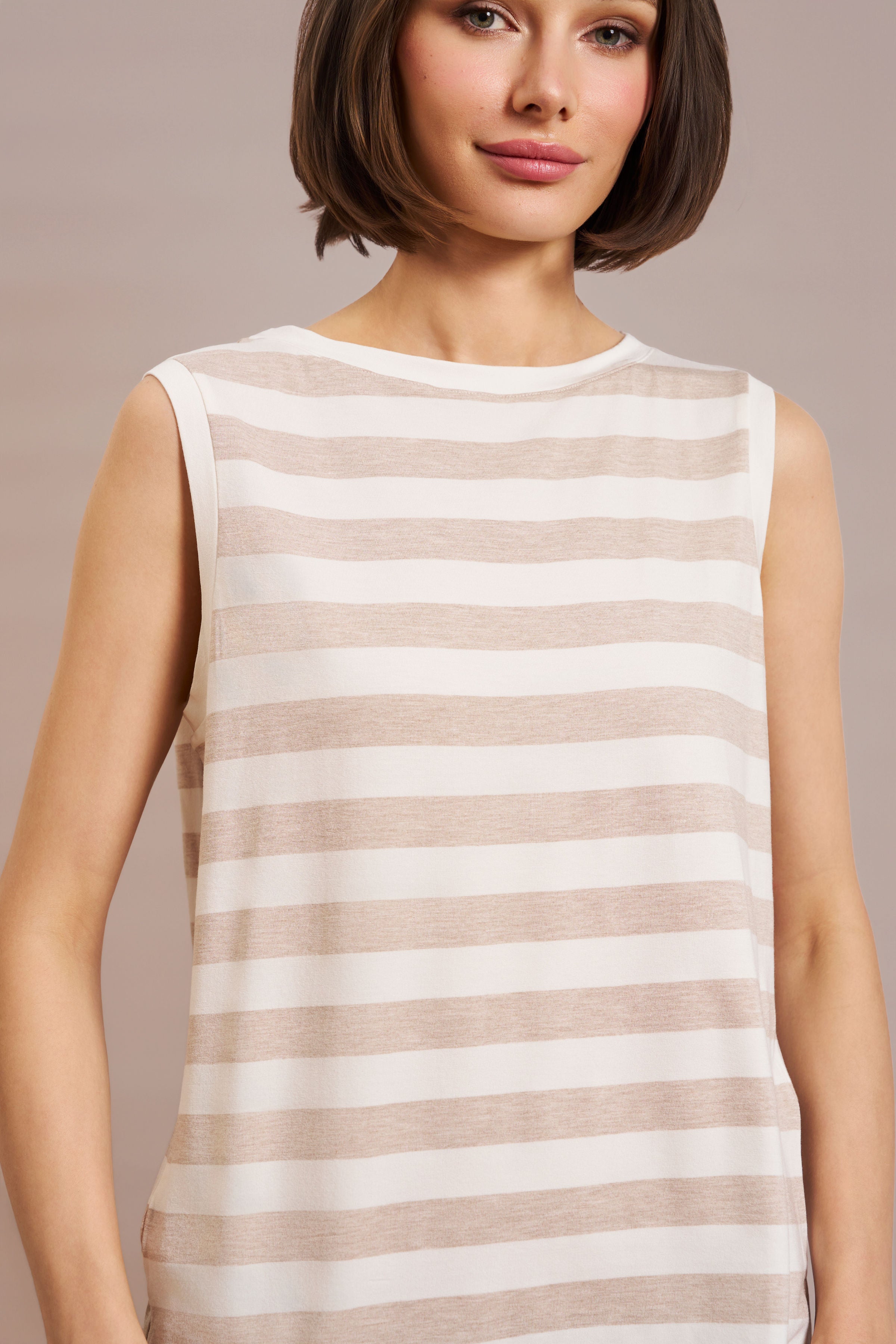 Majestic Soft Touch Semi Relaxed Boatneck Tank in Ecru Chine Stripe