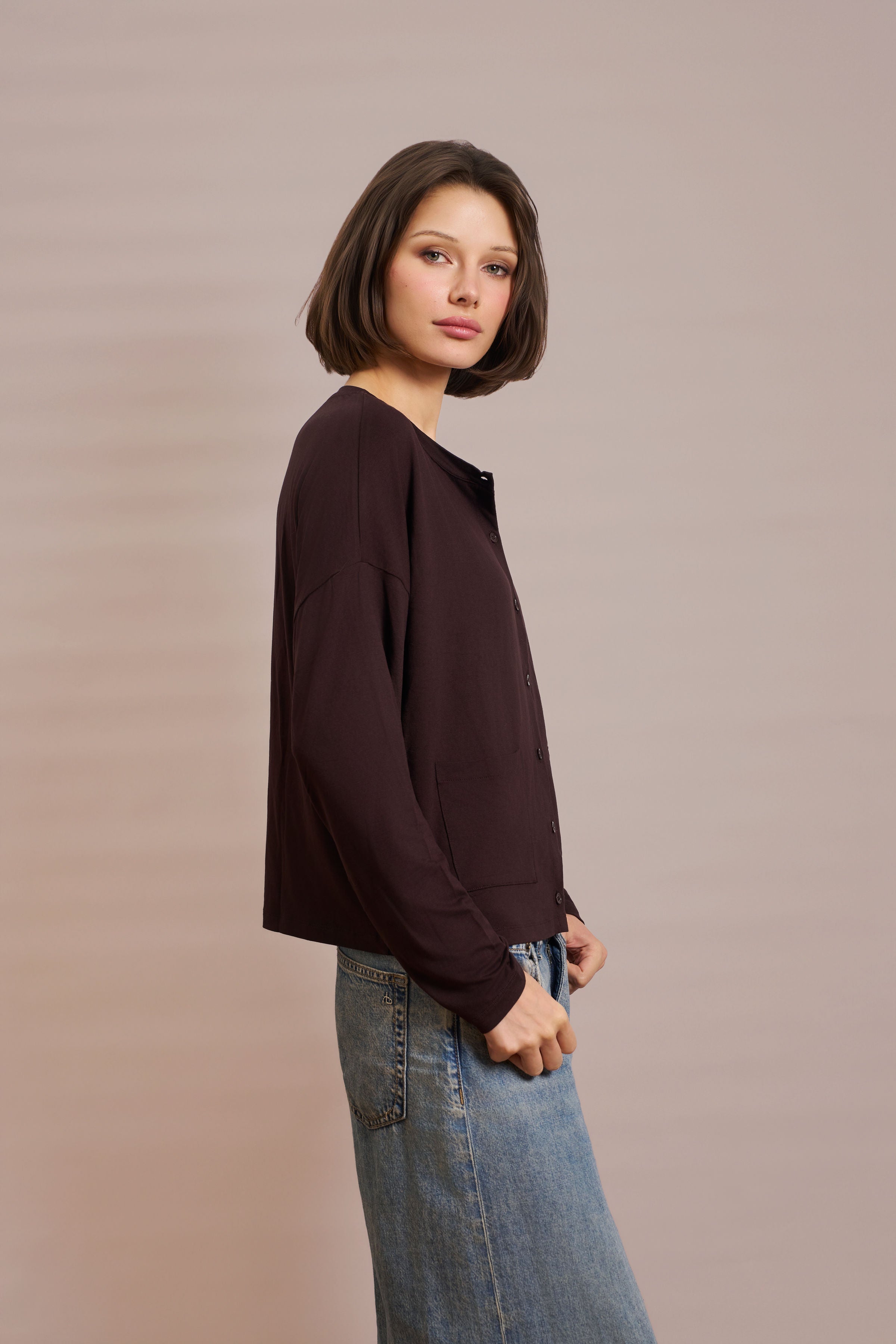 Majestic Soft Touch Long Sleeve Crewneck Cardigan in Aubergine