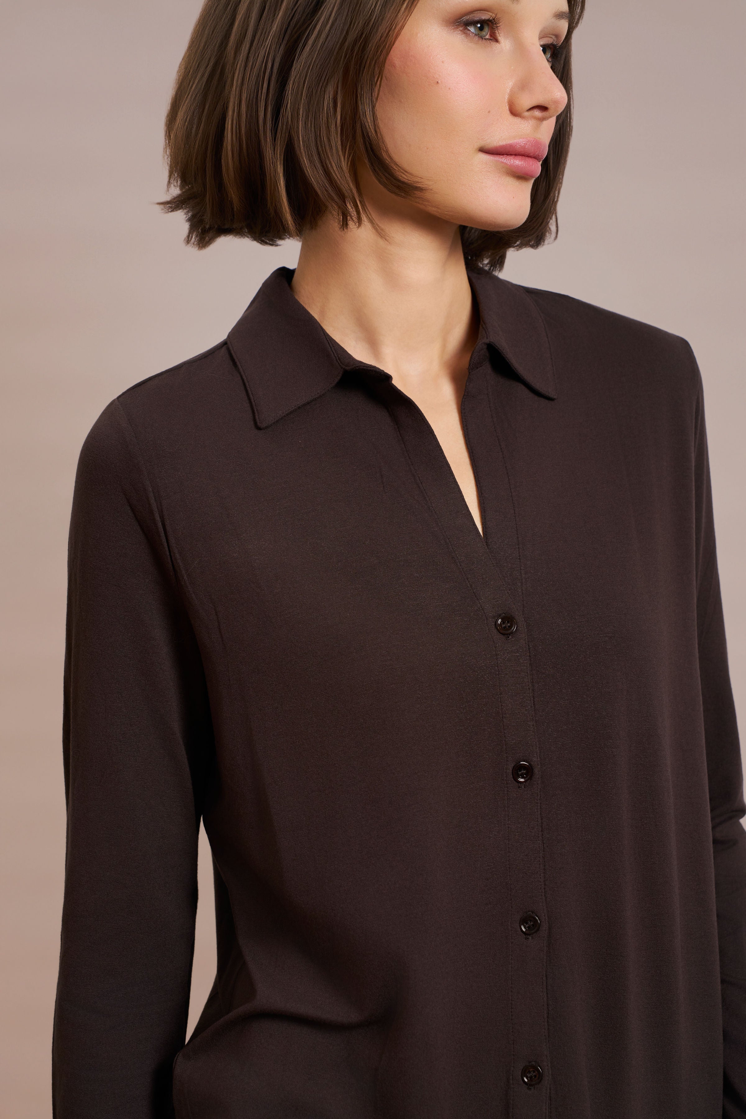 Majestic Soft Touch Semi Relaxed Button Down Long Sleeve in Chocolate Mousse