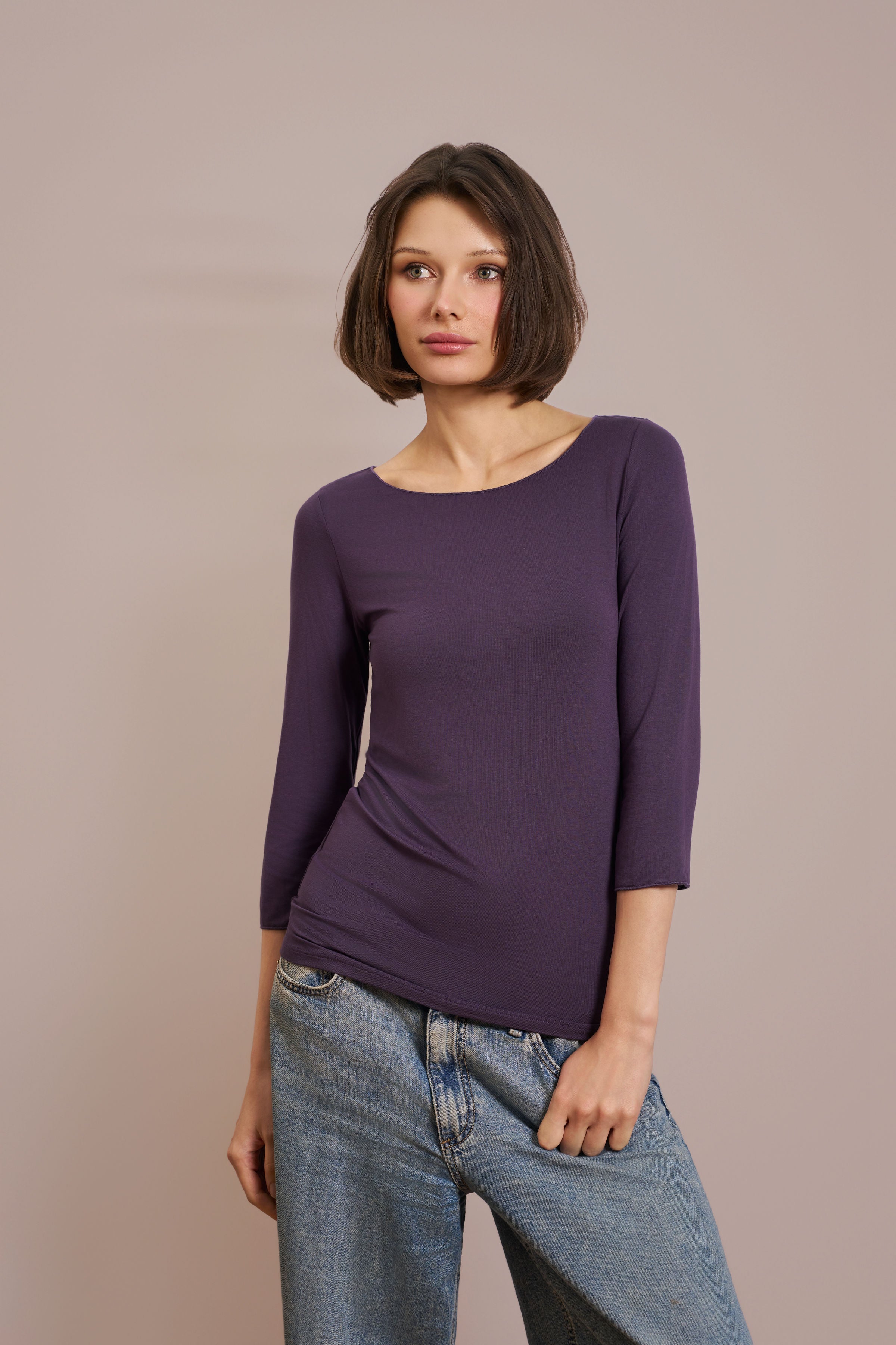 Majestic Soft Touch 3/4 Sleeve Merrow Edge Boatneck in Anemone