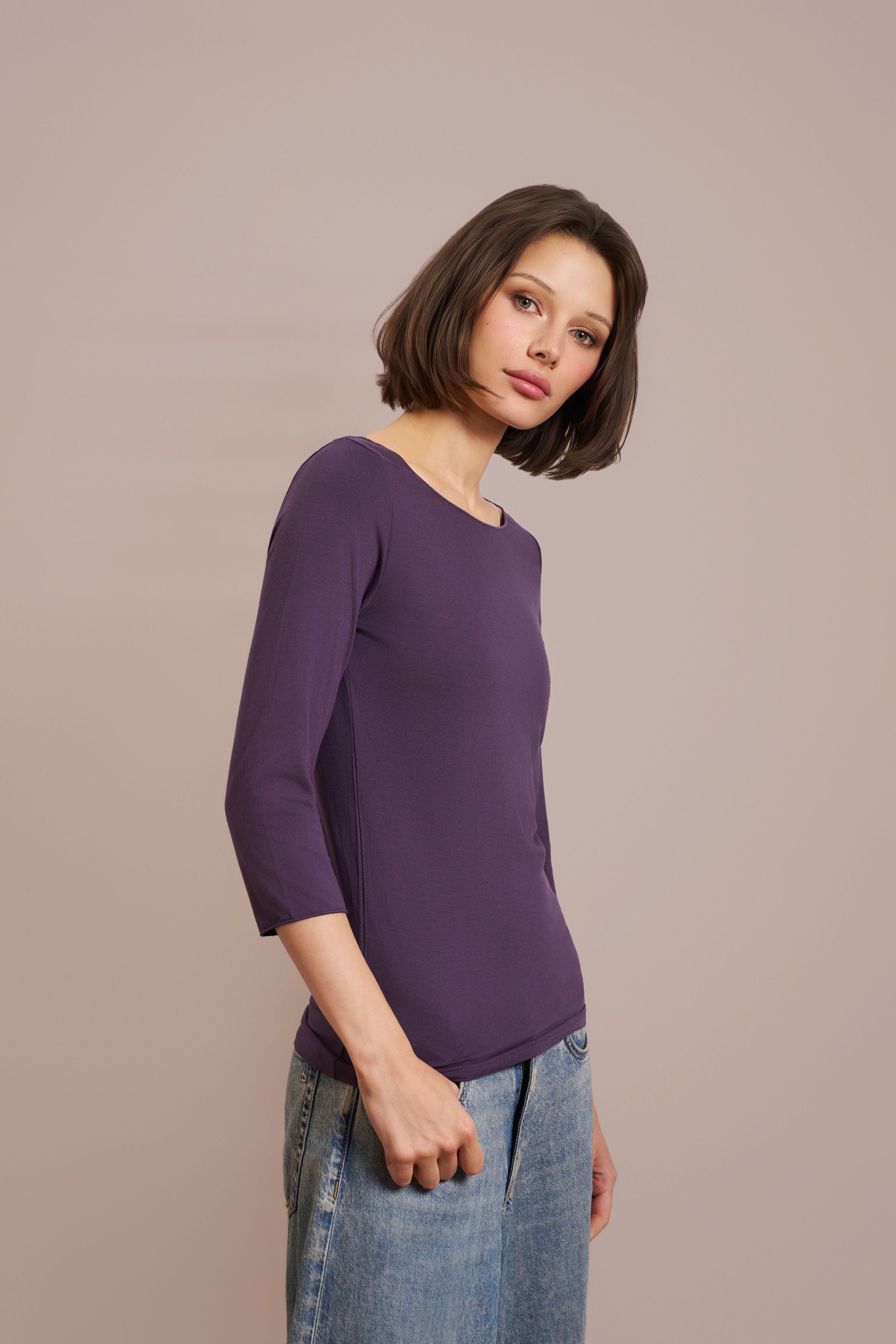 Majestic Soft Touch 3/4 Sleeve Merrow Edge Boatneck in Anemone