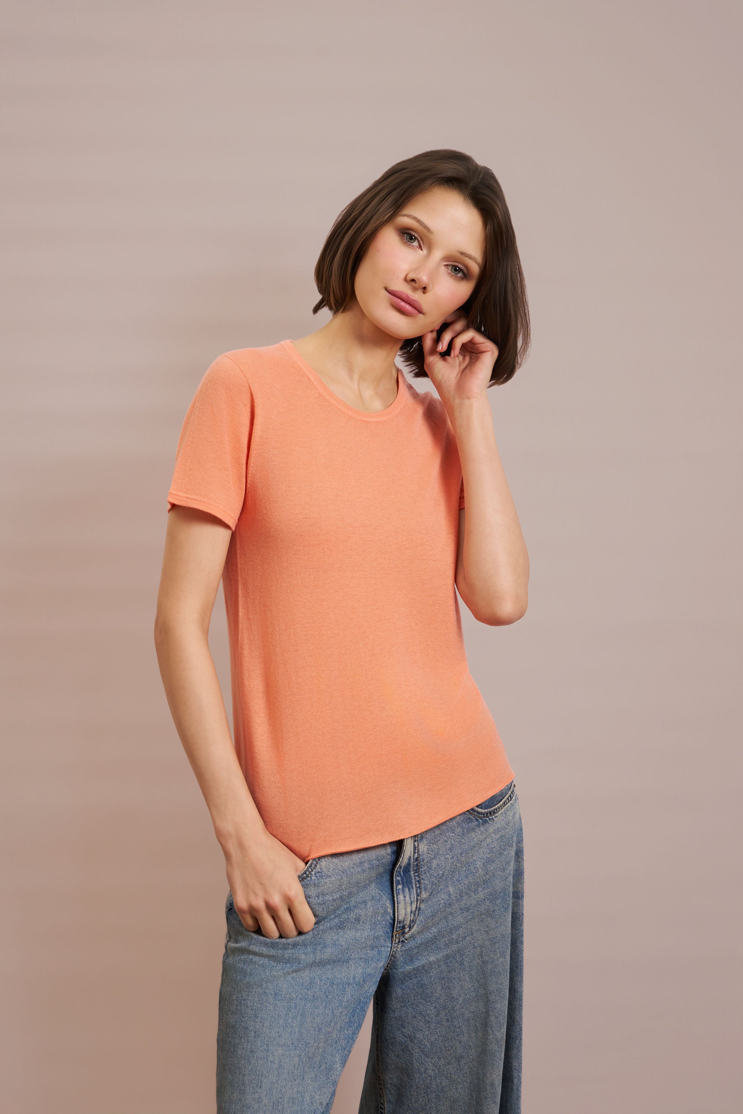 100% Machine Washable Cashmere Short Sleeve Crewneck in Papaya