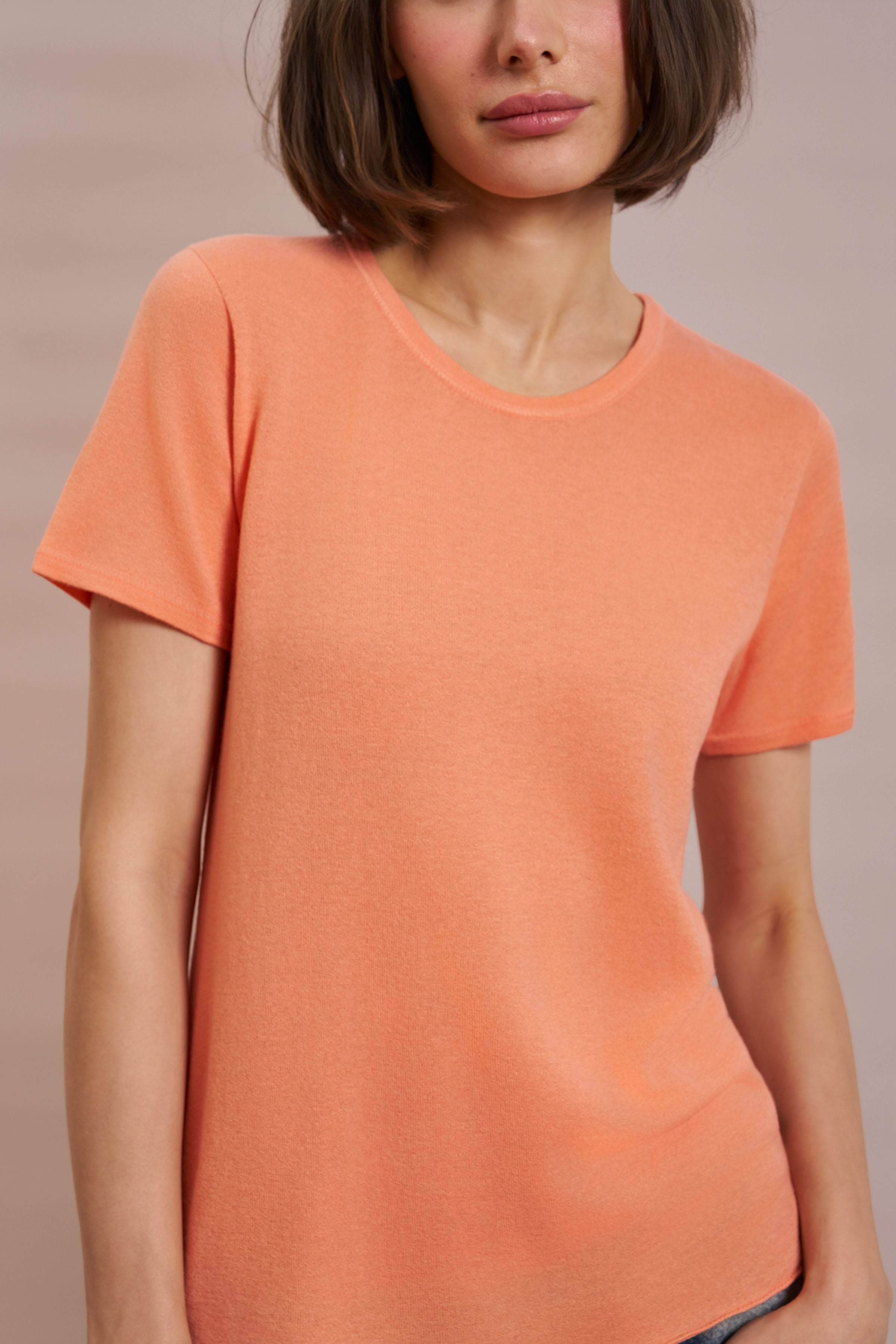 100% Machine Washable Cashmere Short Sleeve Crewneck in Papaya