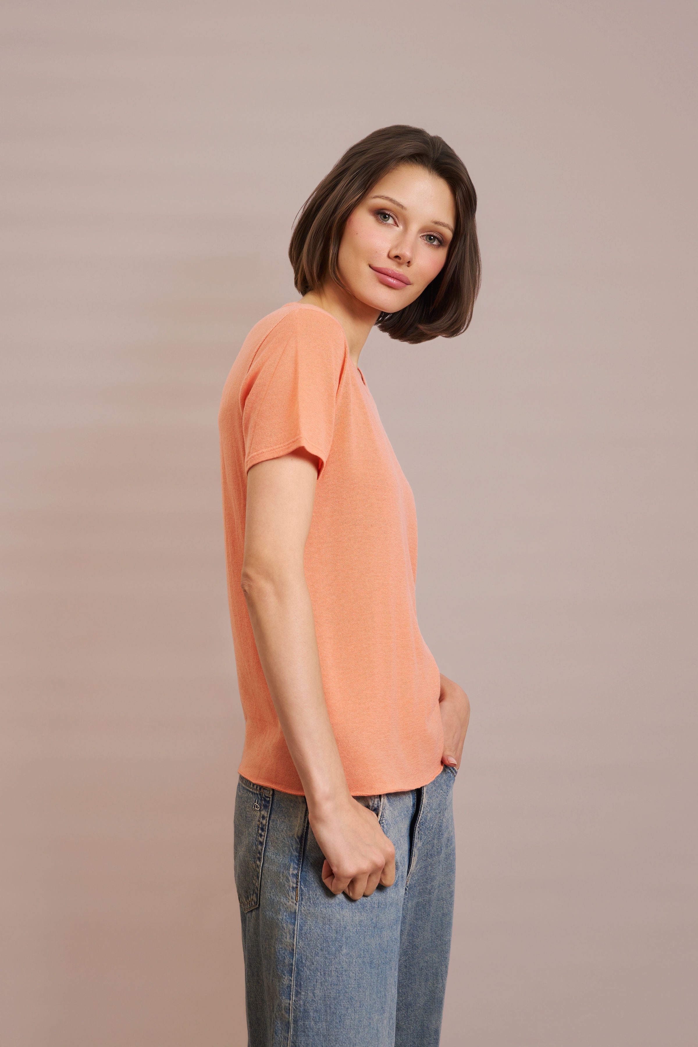 100% Machine Washable Cashmere Short Sleeve Crewneck in Papaya