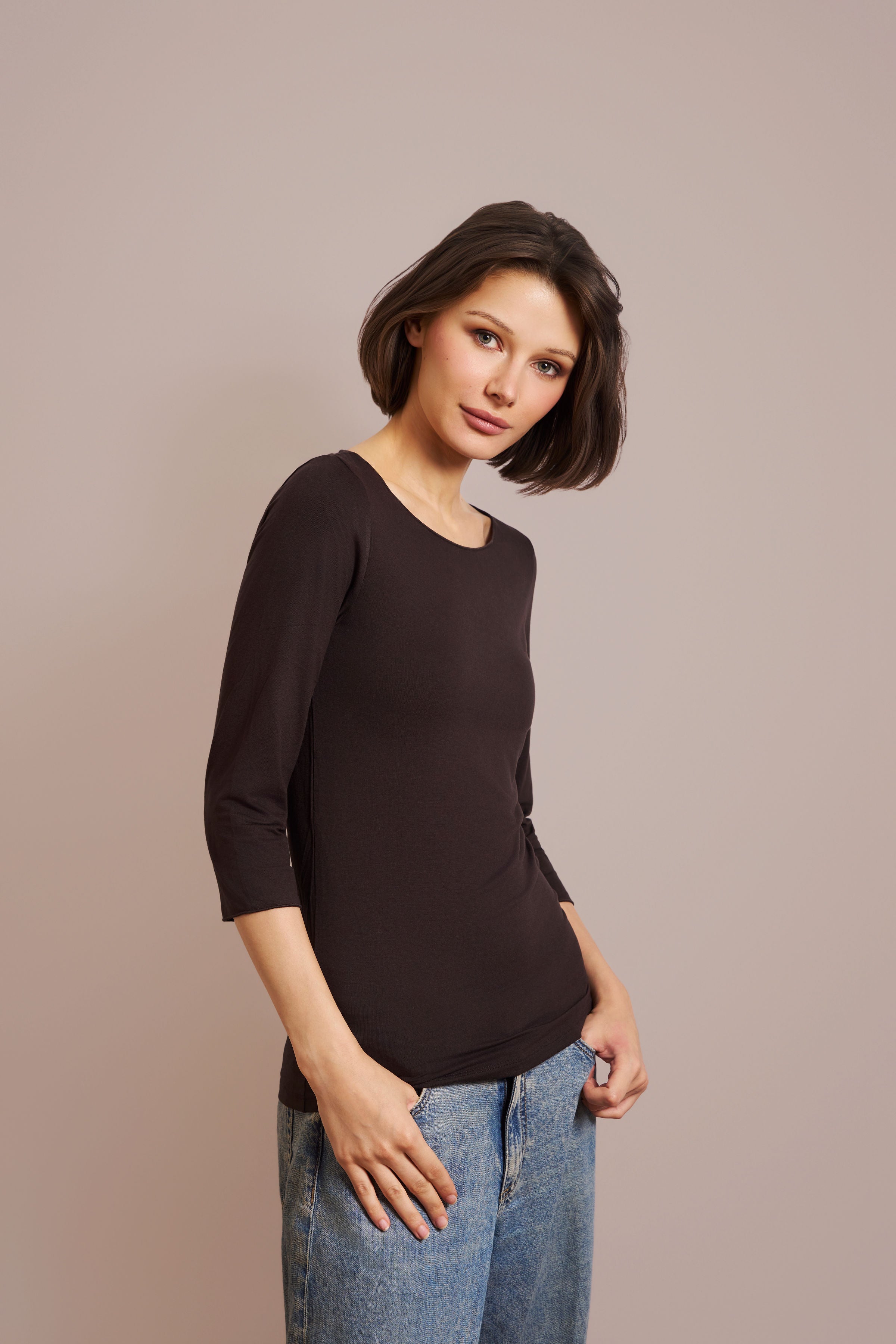 Majestic Soft Touch 3/4 Sleeve Merrow Edge Boatneck in Chocolate Mousse