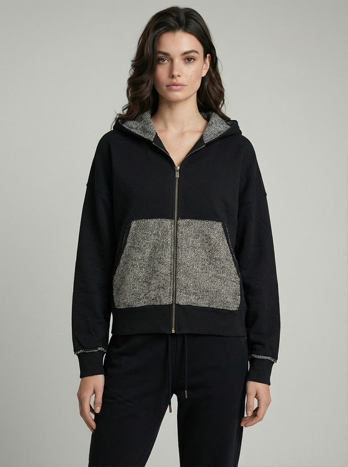Organic Cotton Front Zip Hoodie in Black/Steel
