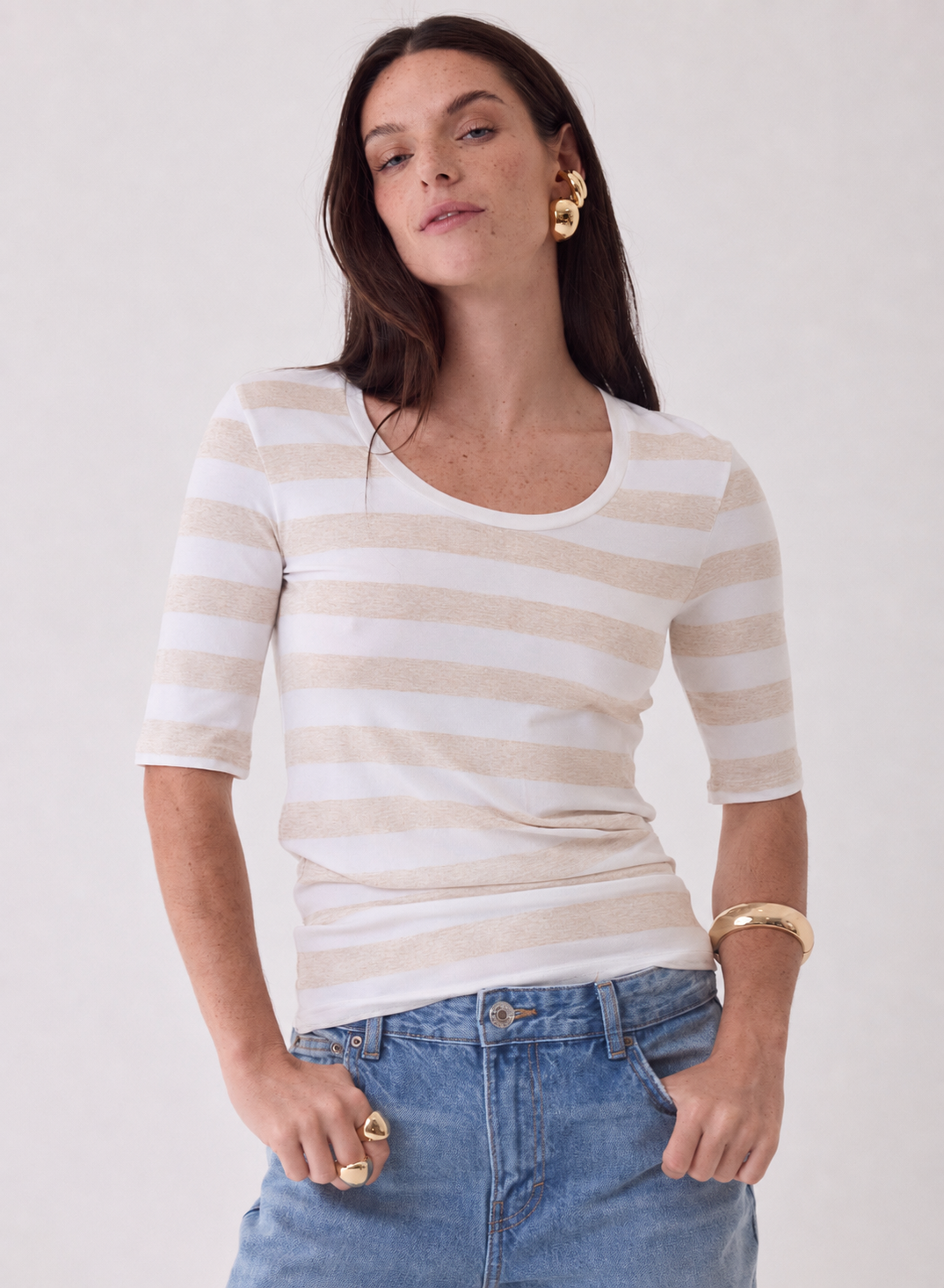 Soft Touch Stripe Elbow Sleeve Tee in Ecru Chine