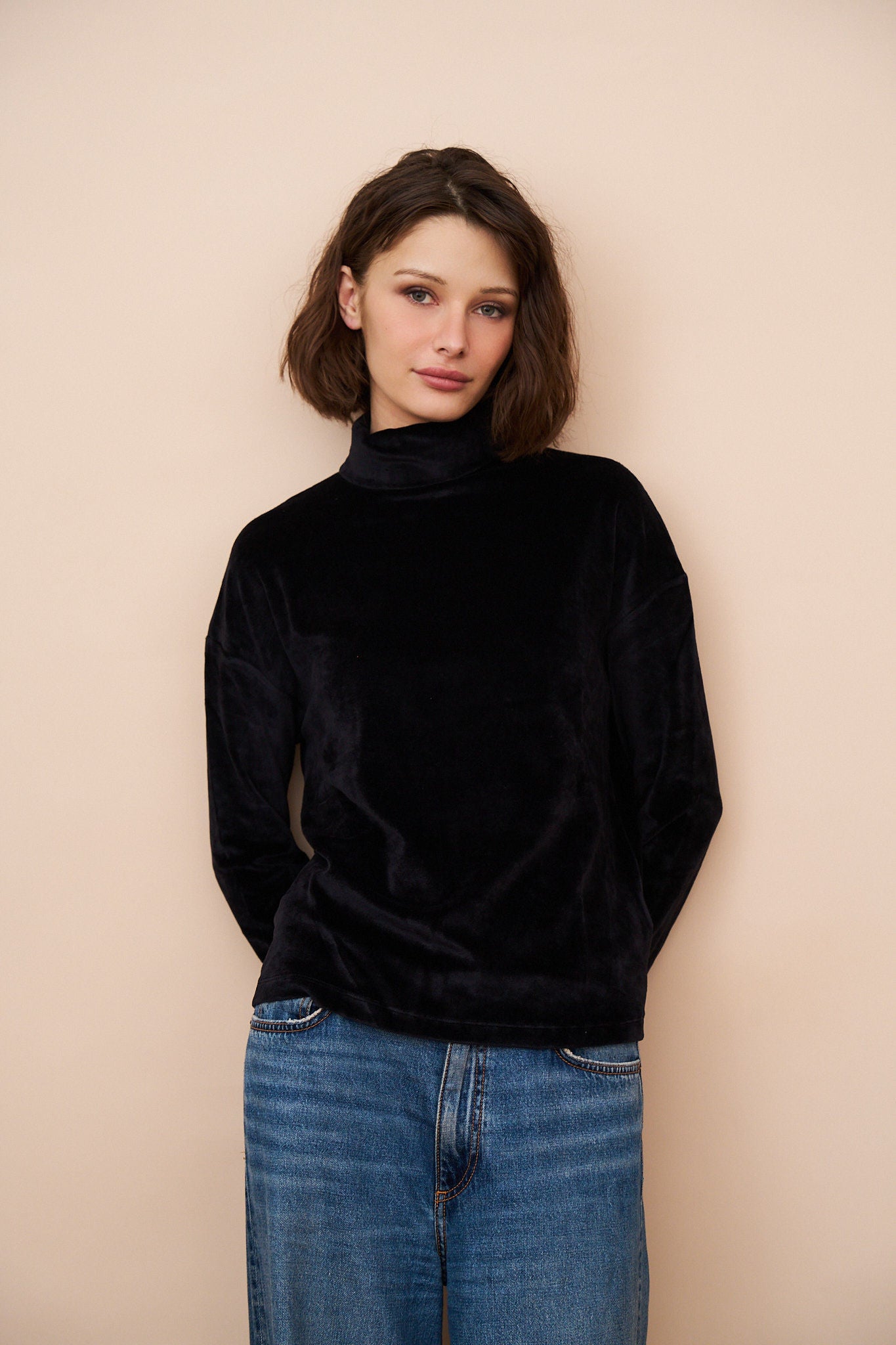 Velour Long Sleeve Relaxed Turtleneck