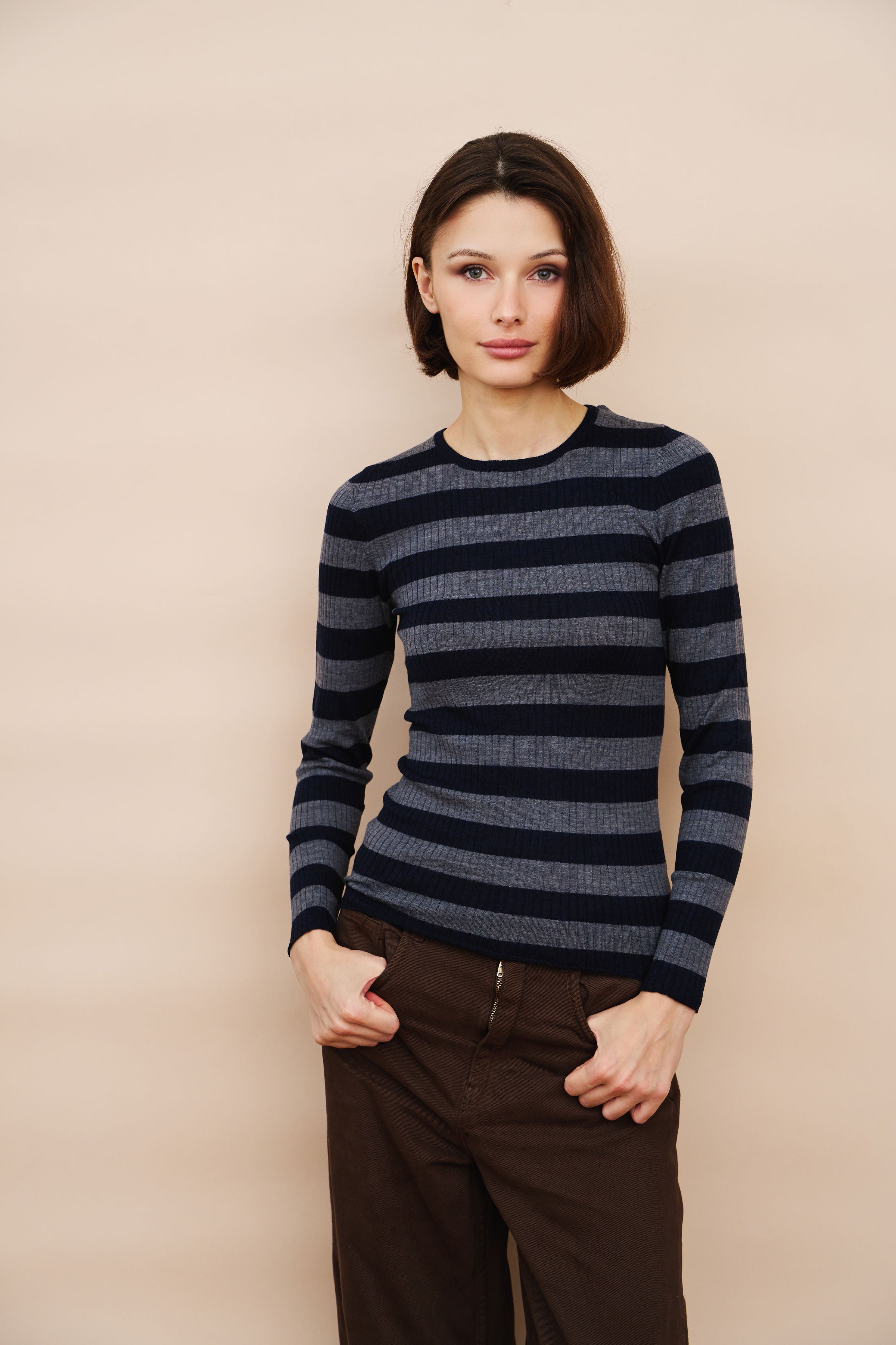 Merino Superfine Rib Knit Stripe Crewneck