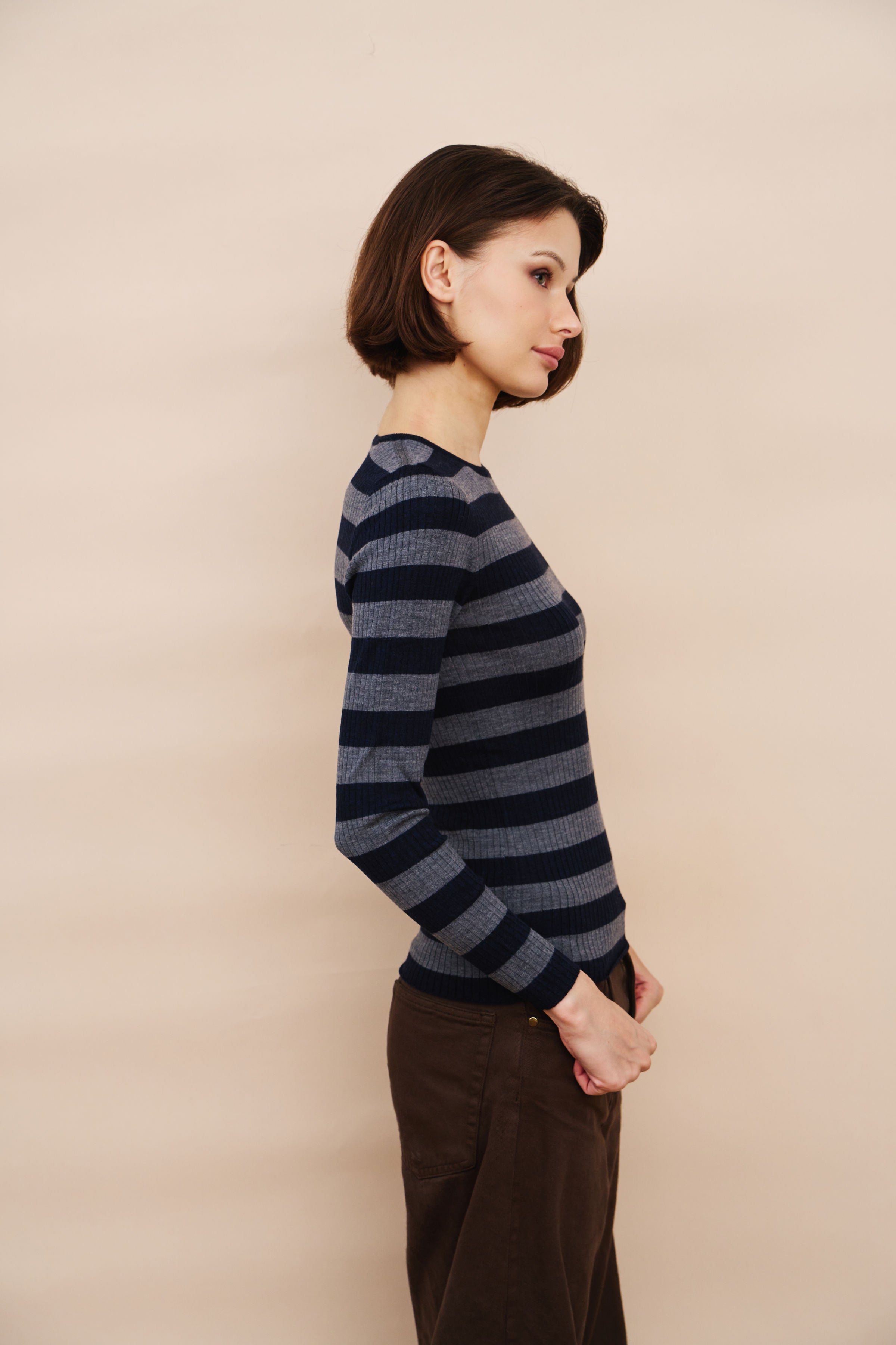 Merino Superfine Rib Knit Stripe Crewneck