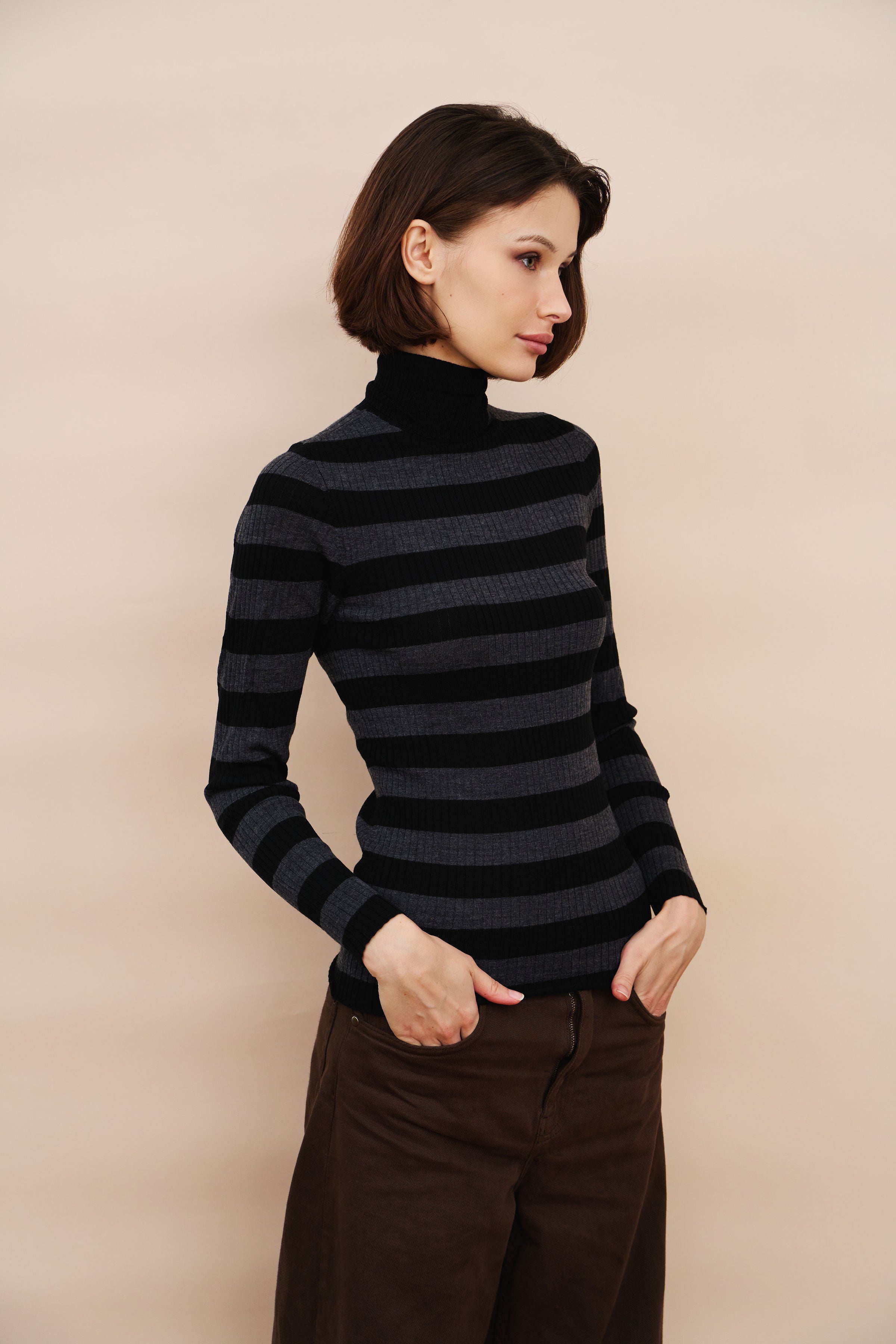 Merino Superfine Rib Knit Stripe Long Sleeve Turtleneck