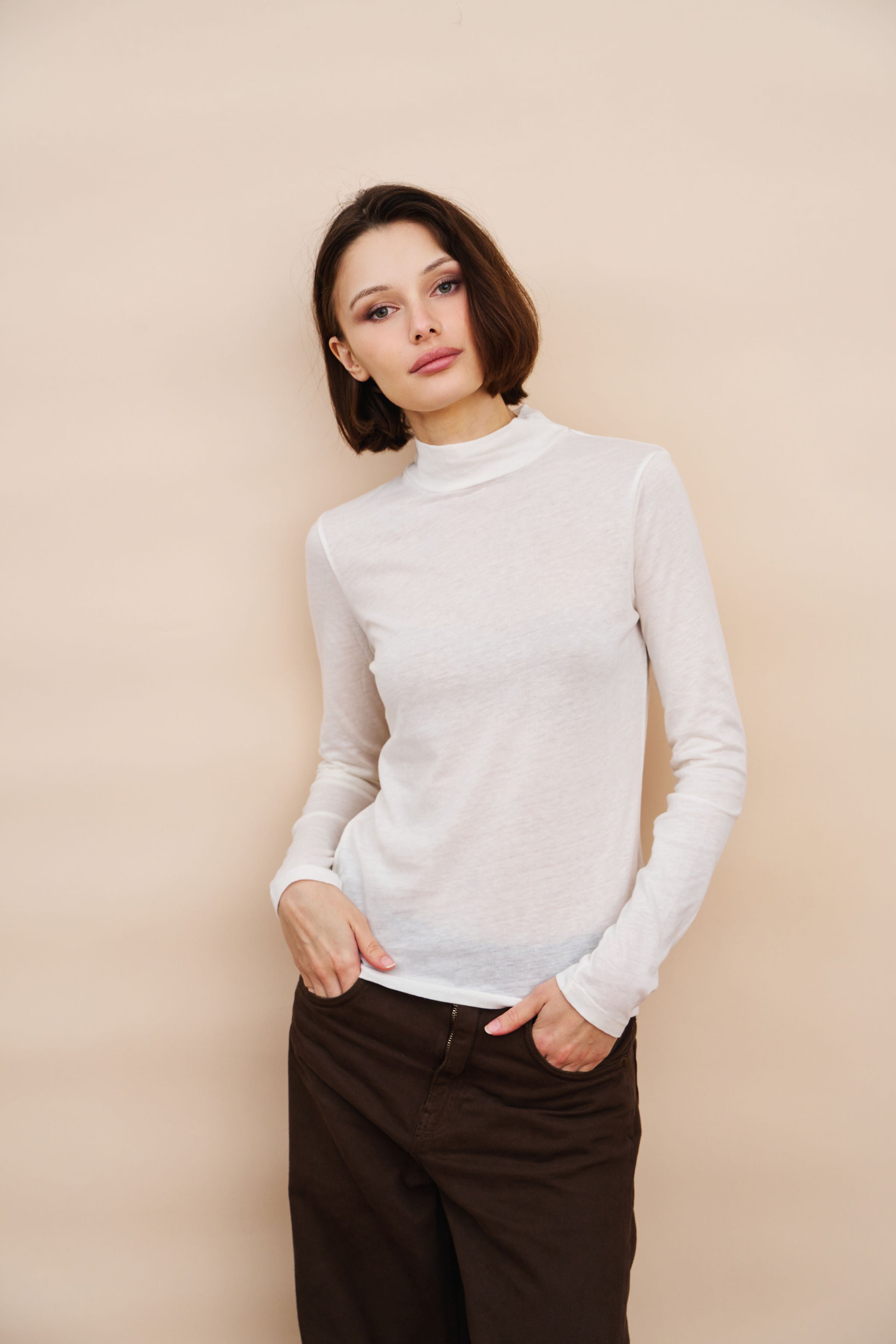 Cotton Cashmere Long Sleeve Mock Neck