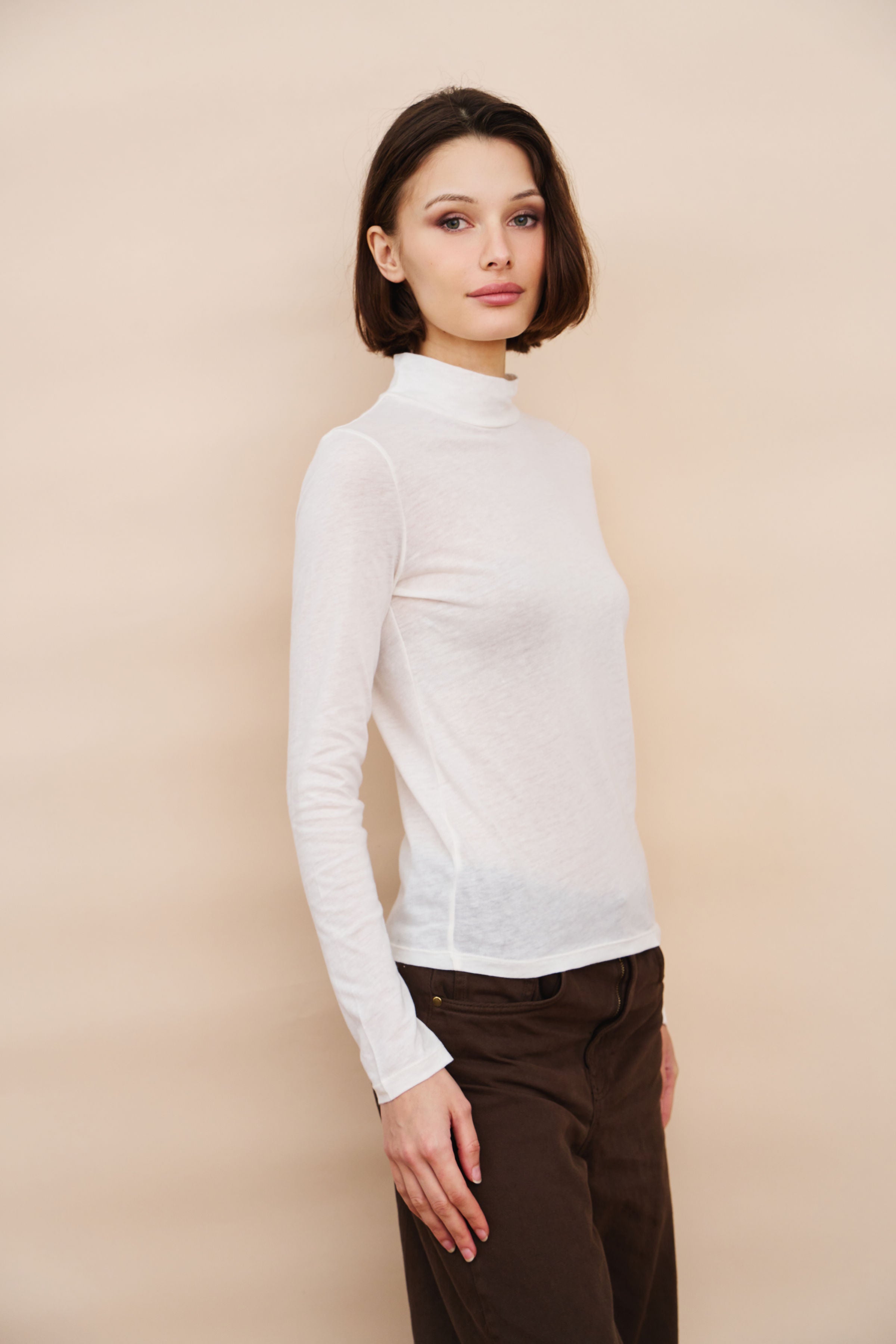 Cotton Cashmere Long Sleeve Mock Neck