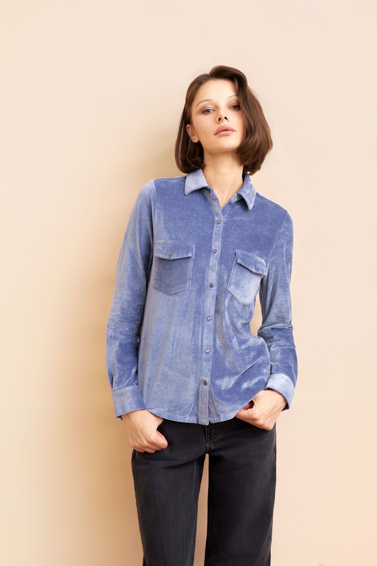 Velour Long Sleeve Shirt with Pockets in Windy Blue