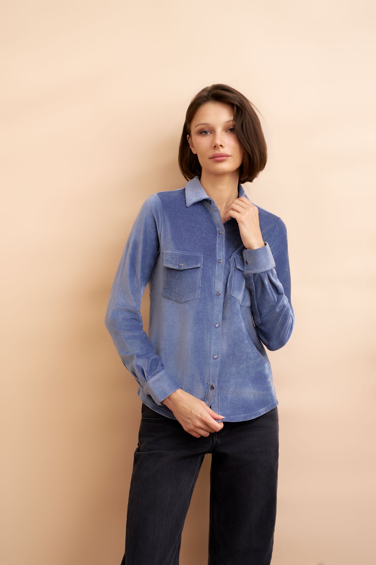 Velour Long Sleeve Shirt with Pockets in Windy Blue