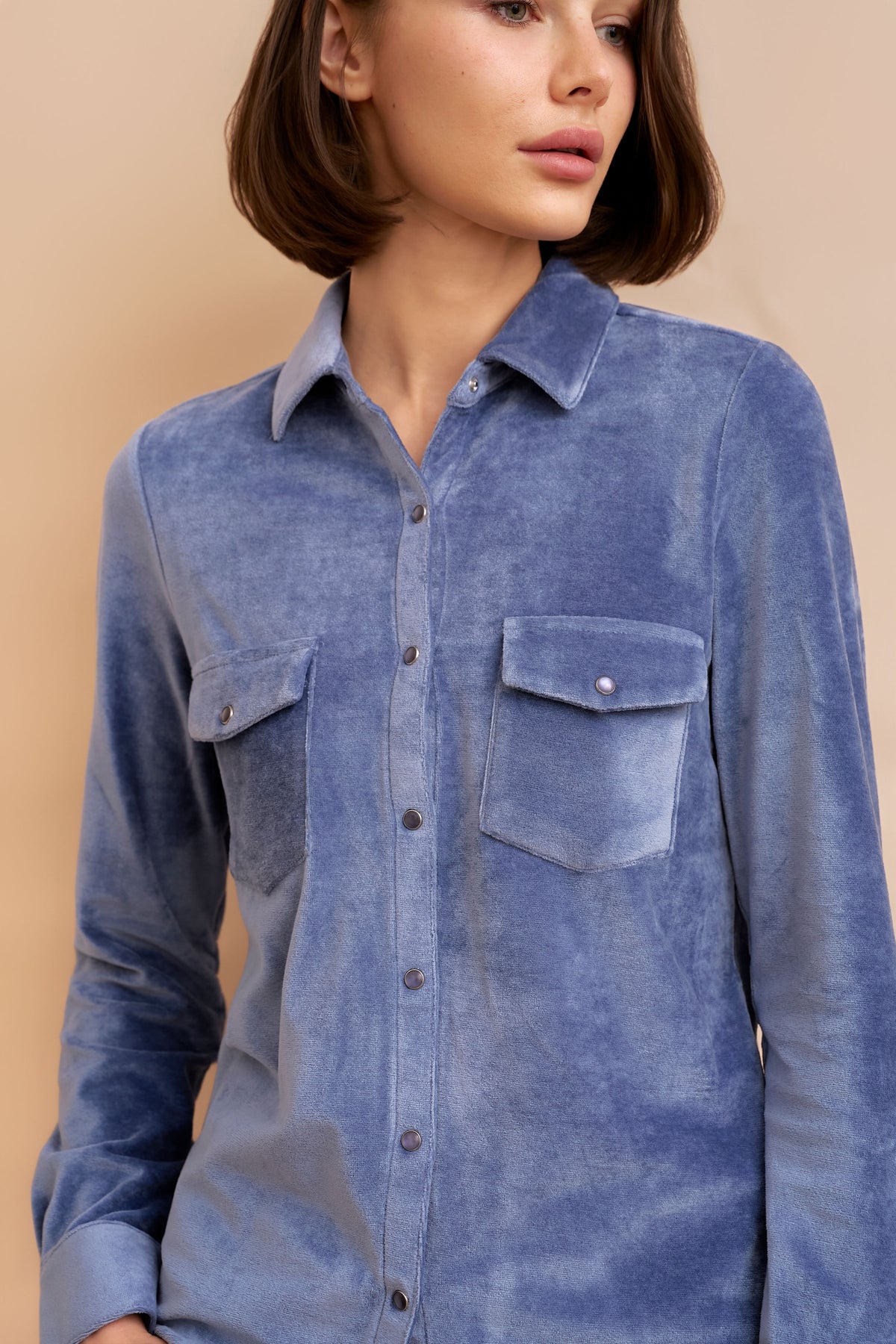Velour Long Sleeve Shirt with Pockets in Windy Blue