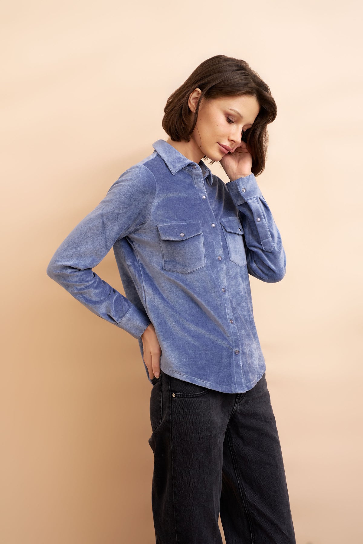 Velour Long Sleeve Shirt with Pockets in Windy Blue