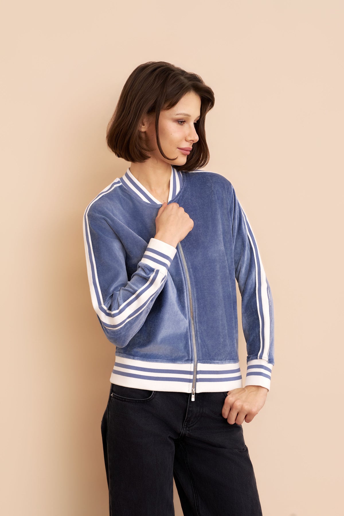 Velour Zip Bomber with Stripe Detail in Windy Blue