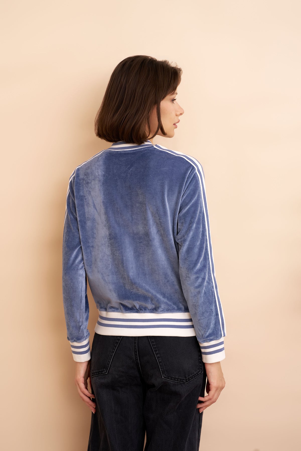 Velour Zip Bomber with Stripe Detail in Windy Blue