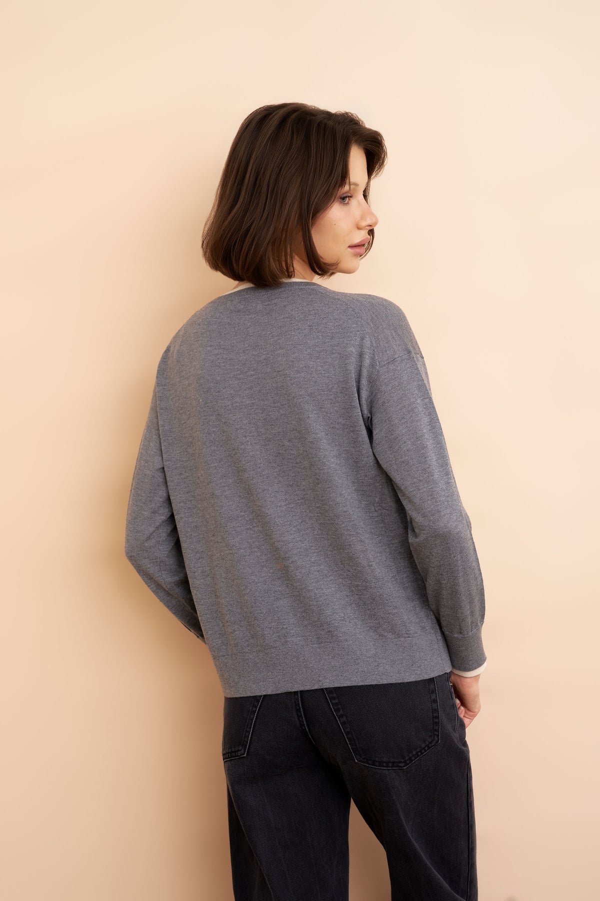 Wool Silk Cashmere Long Sleeve Knit Crewneck Sweater in Gris Chine