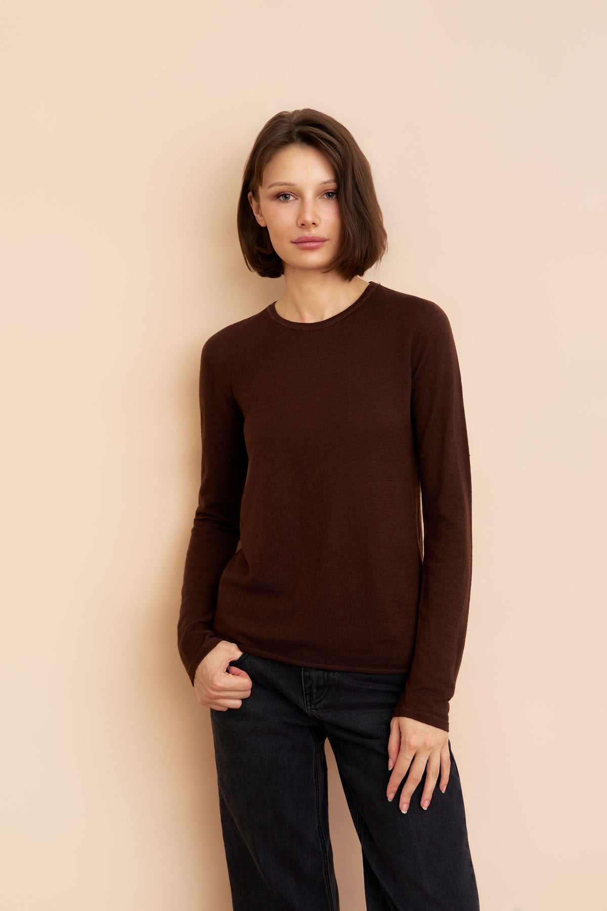 Majestic Long Sleeve Cotton/Cashmere Crewneck Tee in Chocolate Mousse