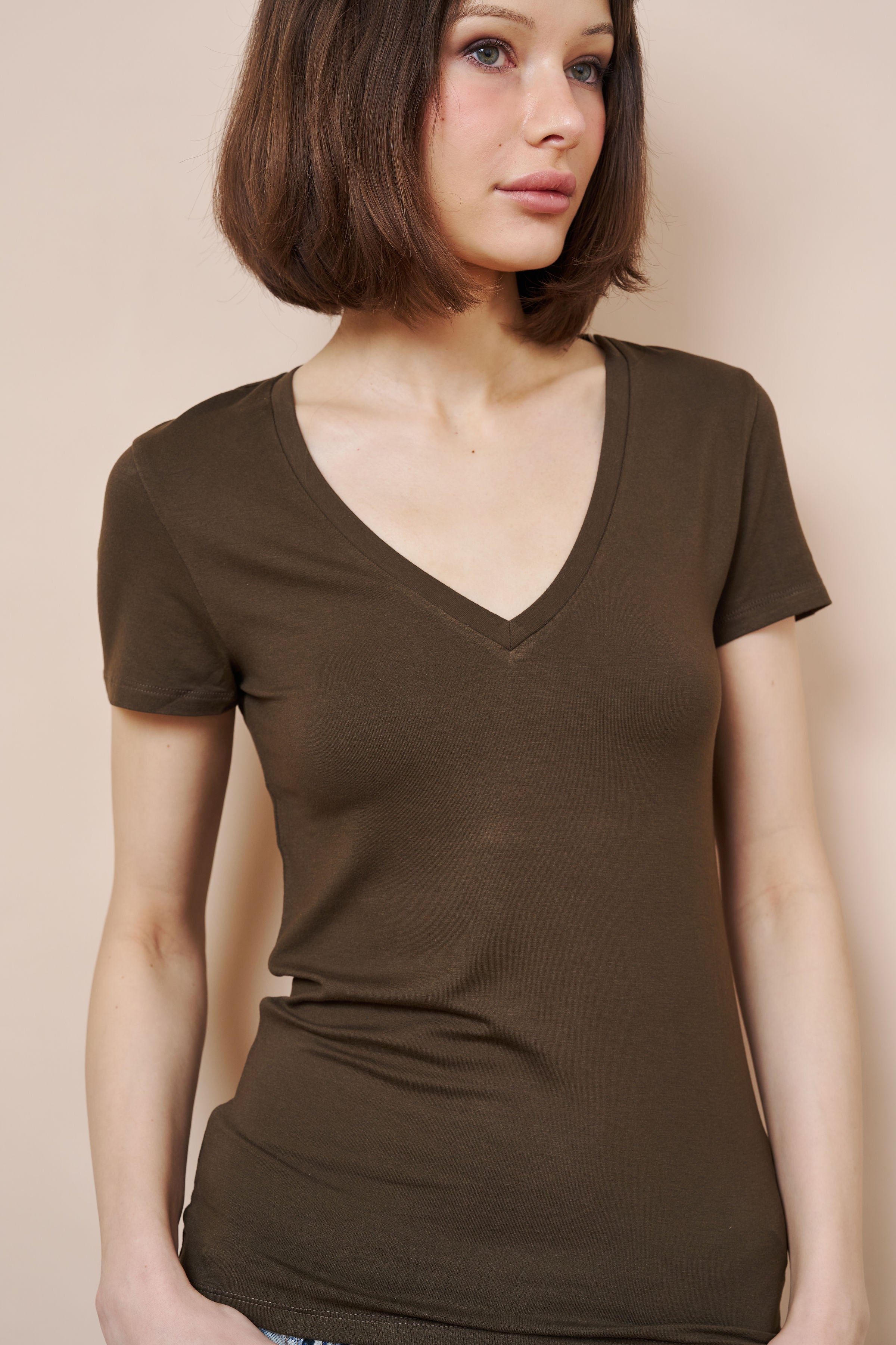 Majestic Short Sleeve V-Neck Tee in Tonka