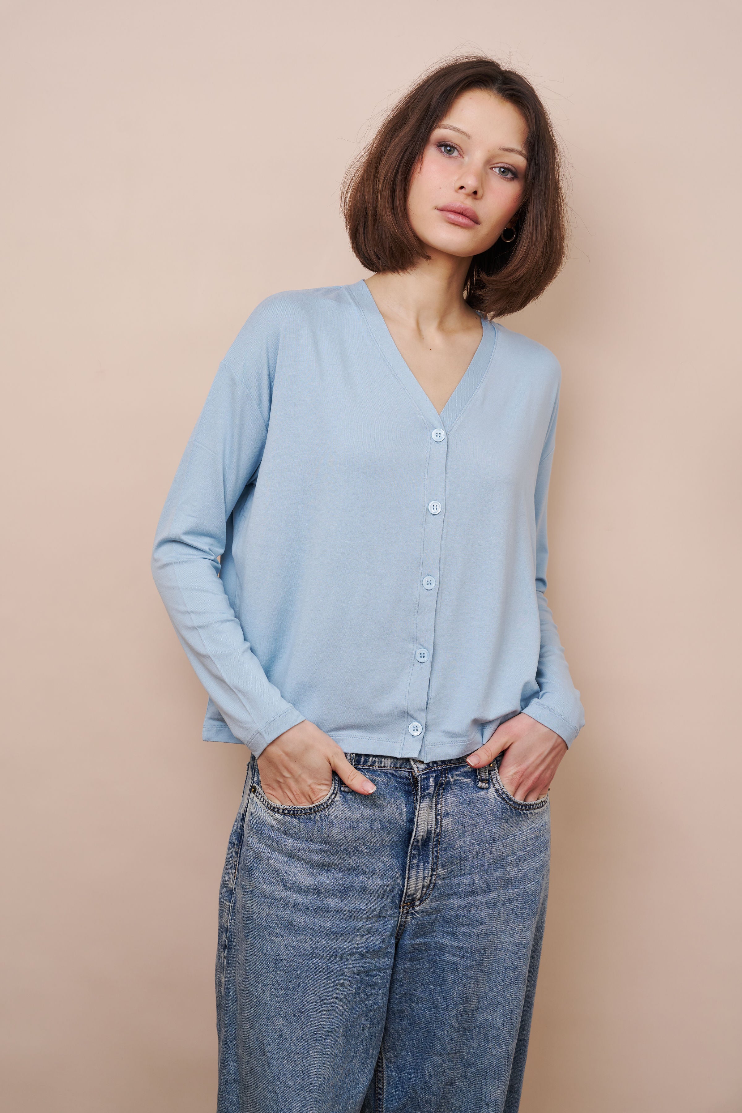 Majestic Soft Touch V-Neck Cardigan in Bleu Calanques