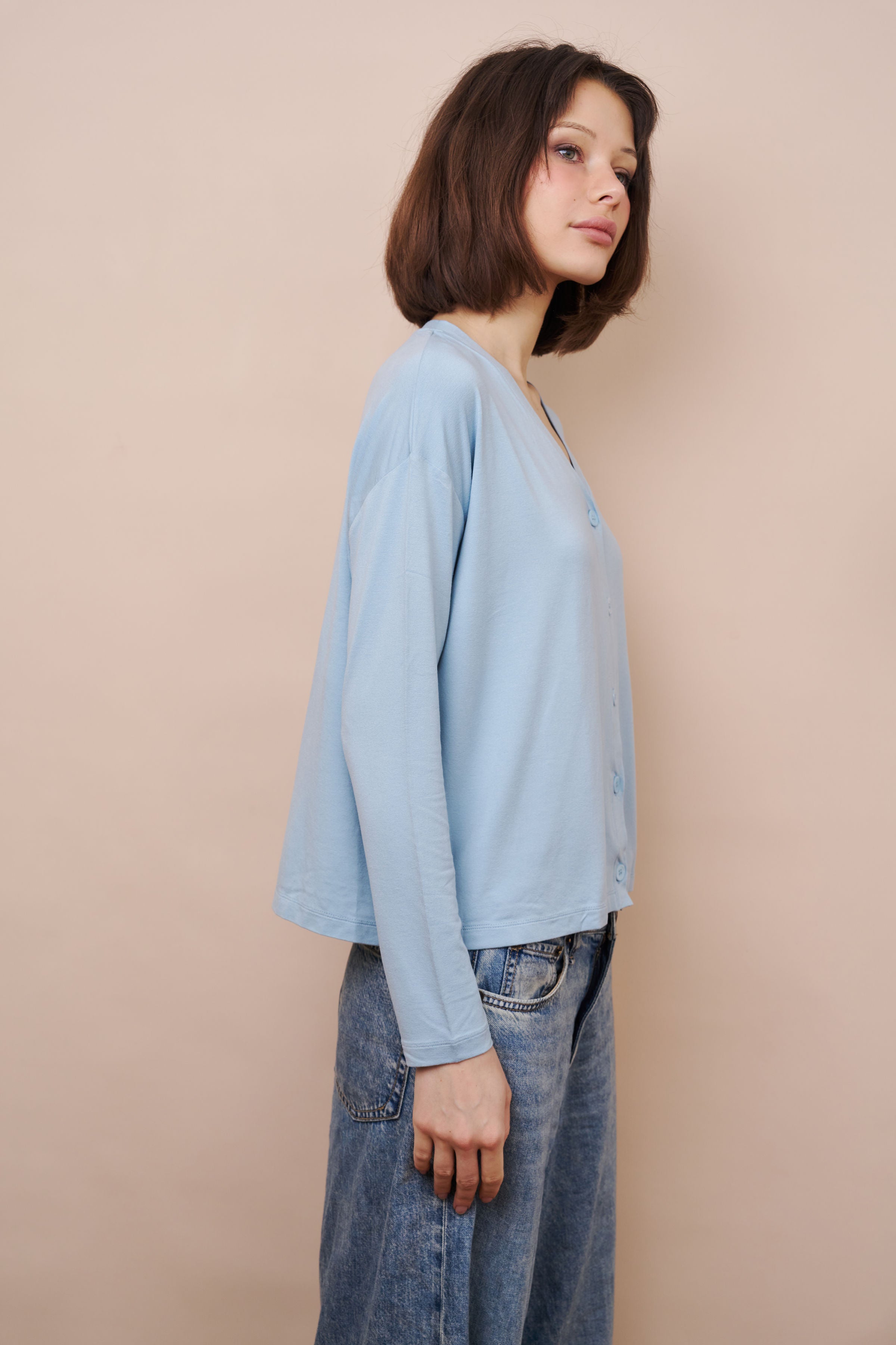Majestic Soft Touch V-Neck Cardigan in Bleu Calanques