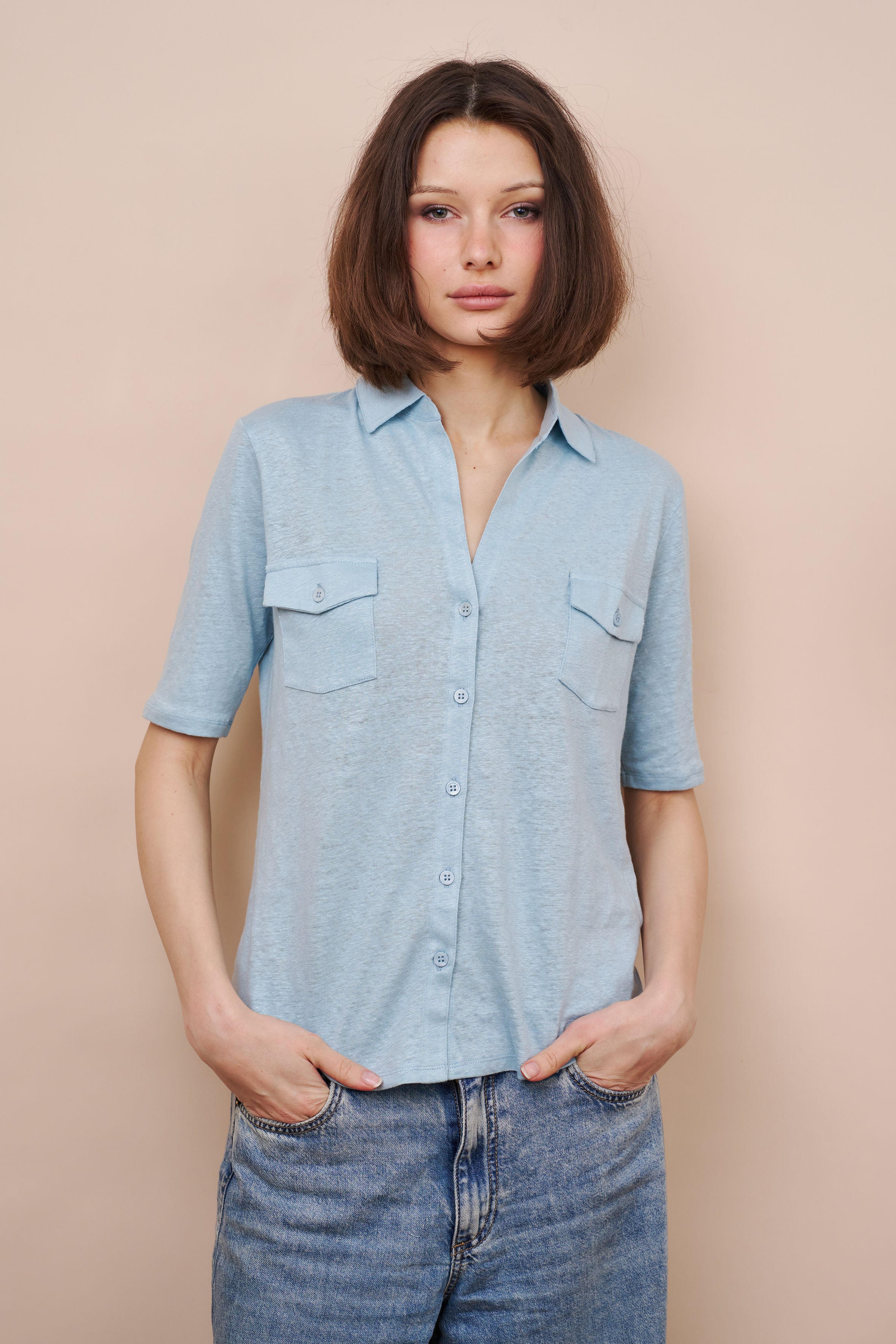 Stretch Linen 3/4 Sleeve Pocket Shirt in Bleu Calanques