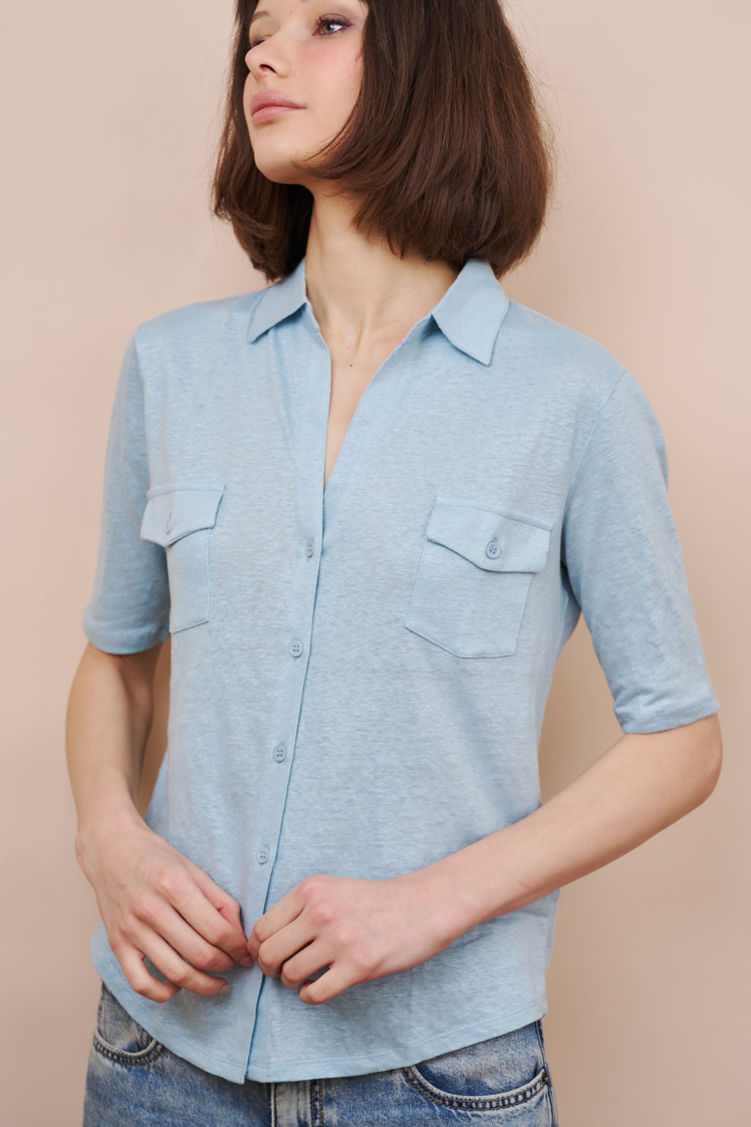 Stretch Linen 3/4 Sleeve Pocket Shirt in Bleu Calanques