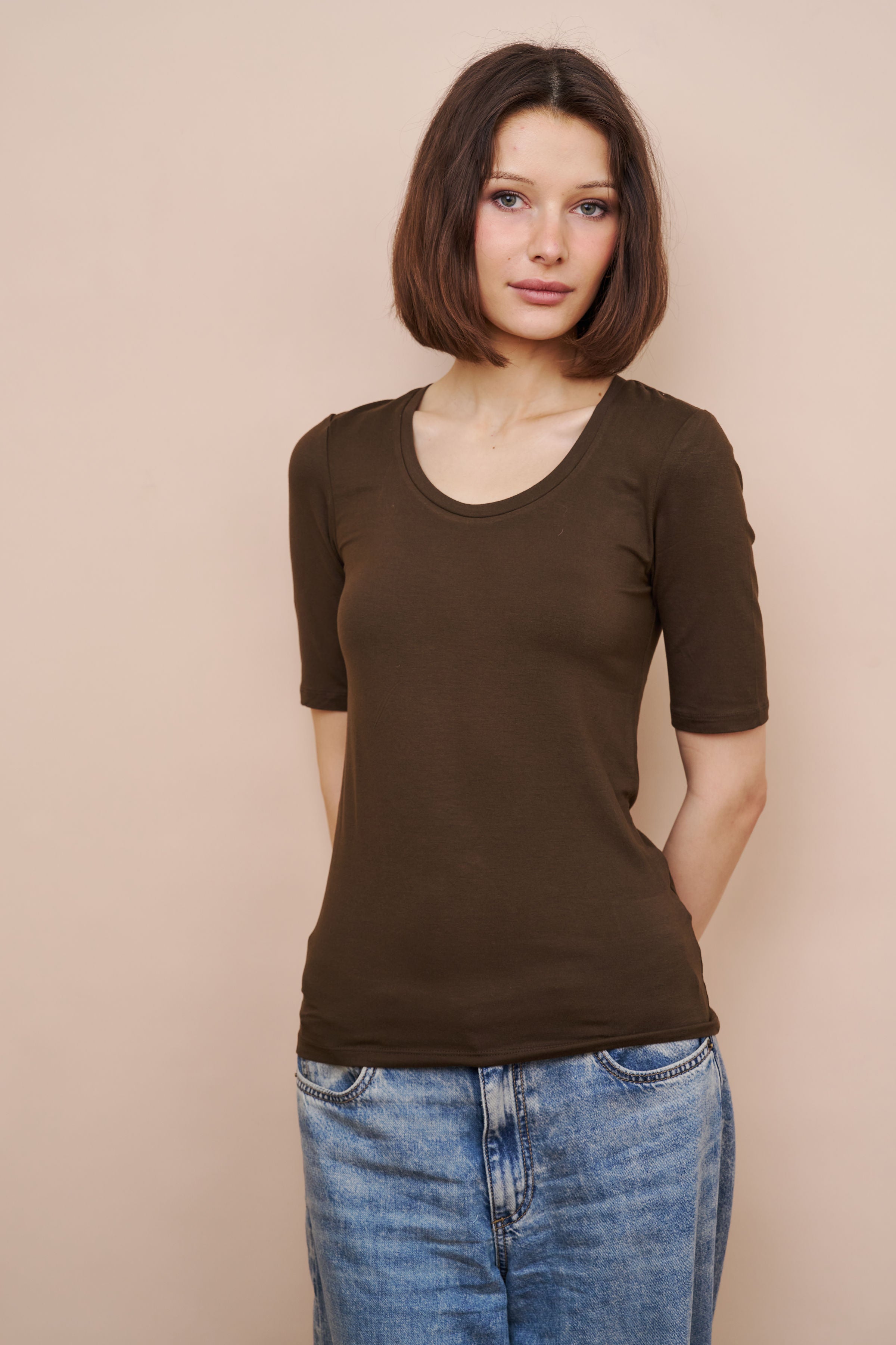 Majestic Elbow Sleeve Scoop Neck Tee in Tonka