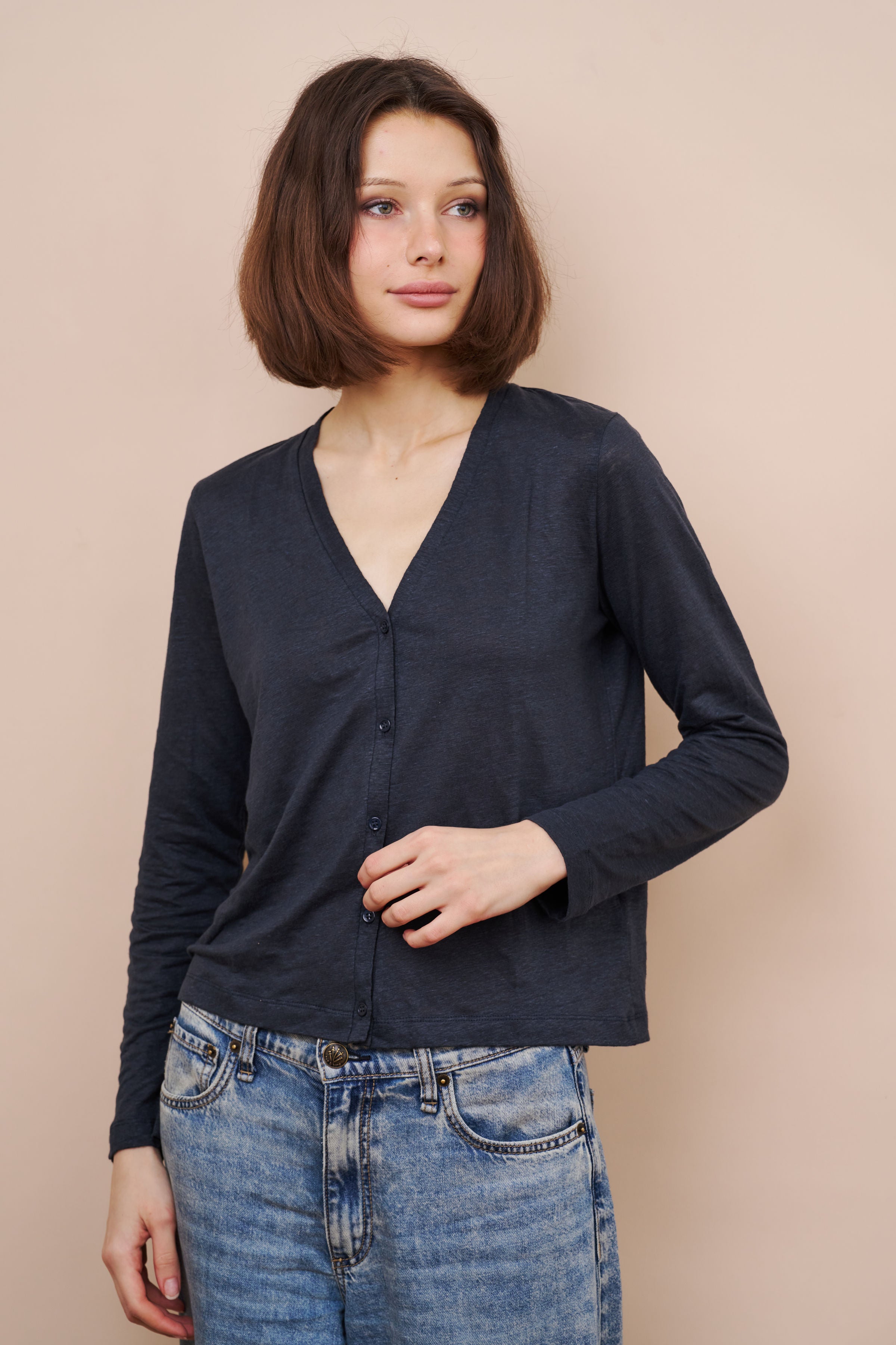 Majestic Stretch Linen Cardigan in Marine