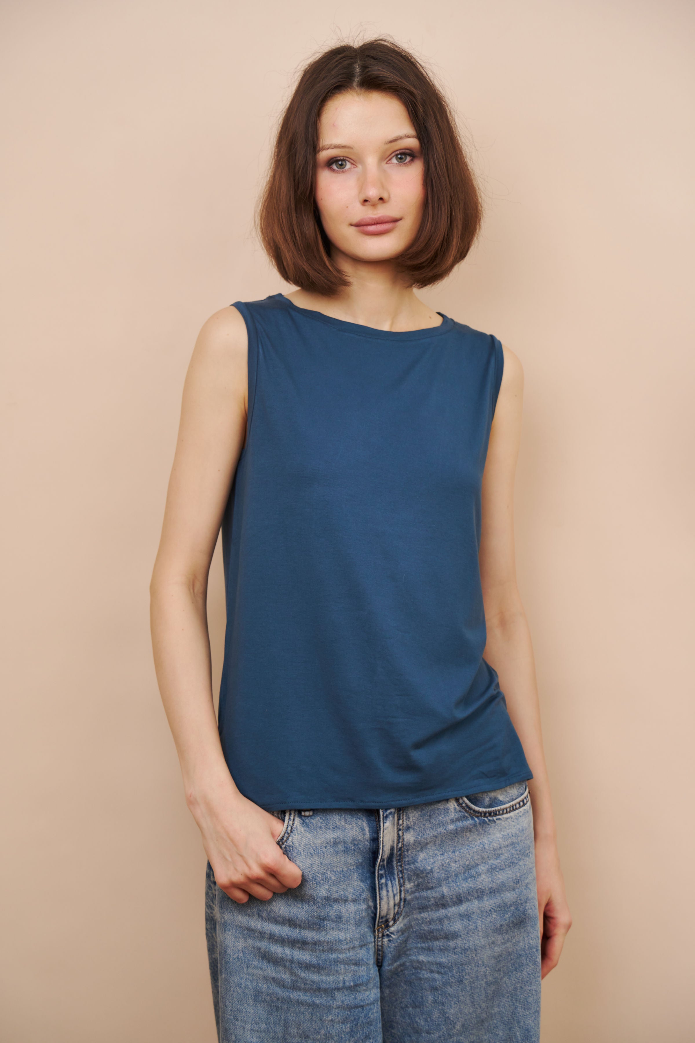 Majestic Soft Touch Semi Relaxed Boatneck Tank in Bleu de Nimes