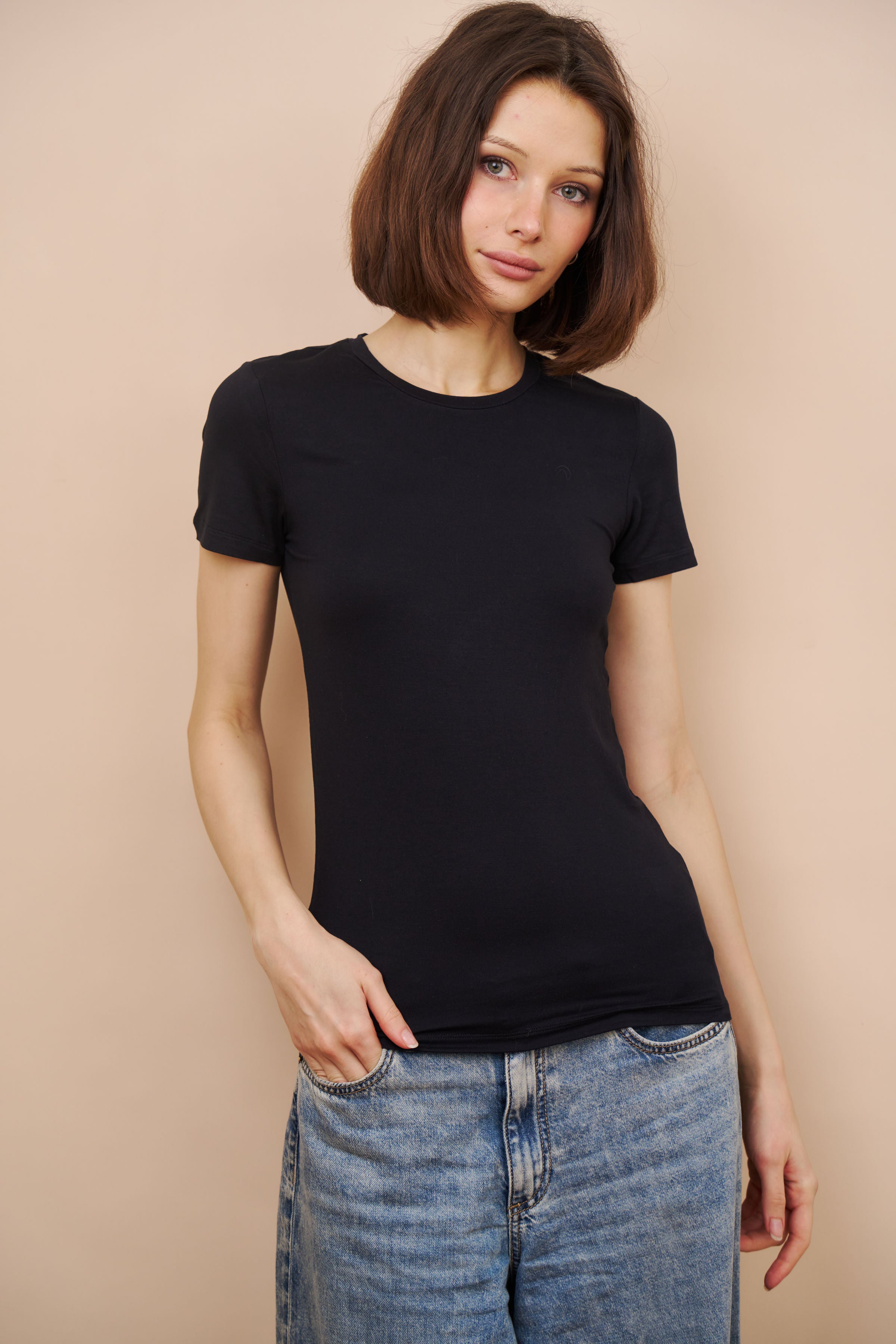 Majestic Short Sleeve Crewneck Tee with Finished Trim in Marine