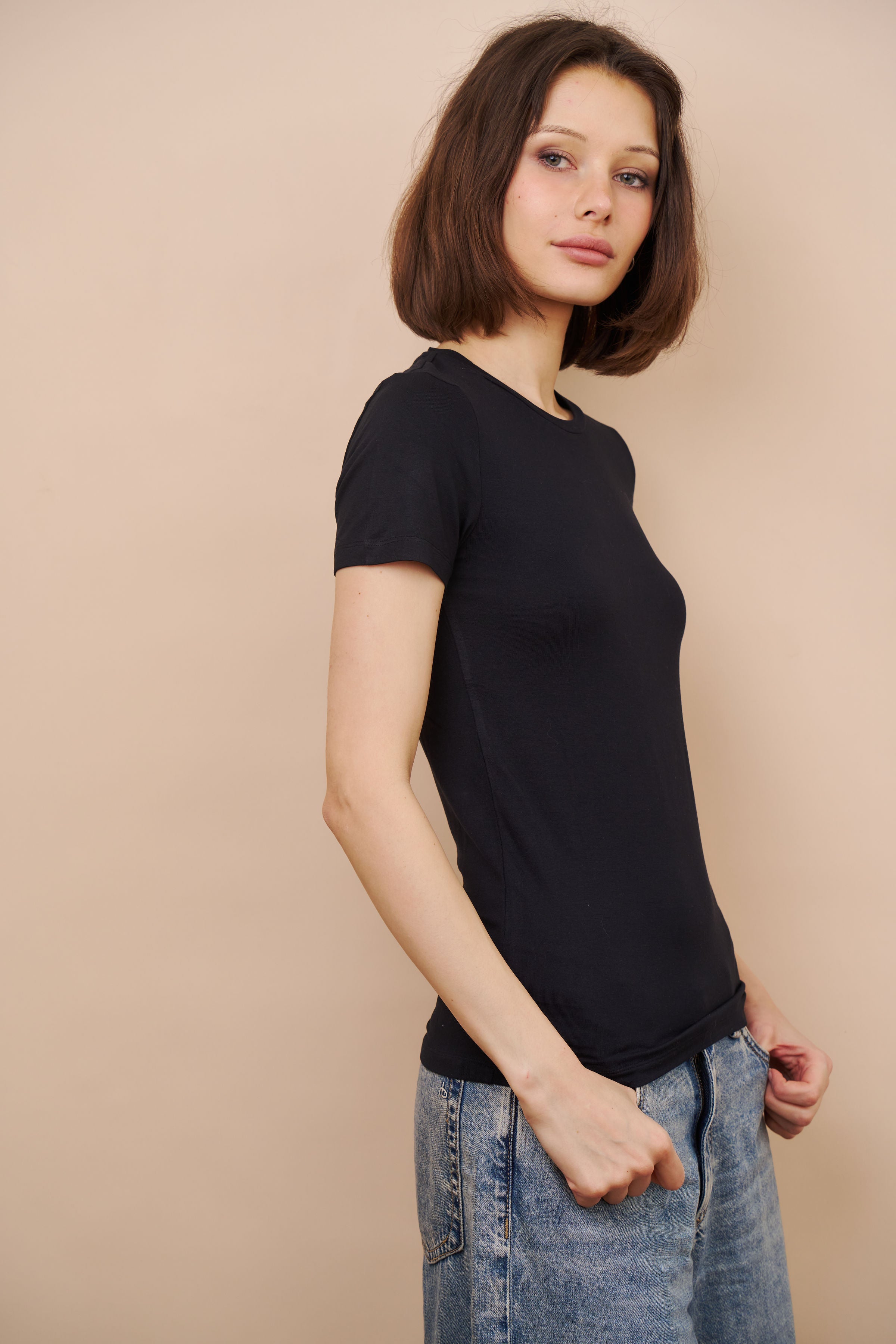 Majestic Short Sleeve Crewneck Tee with Finished Trim in Marine