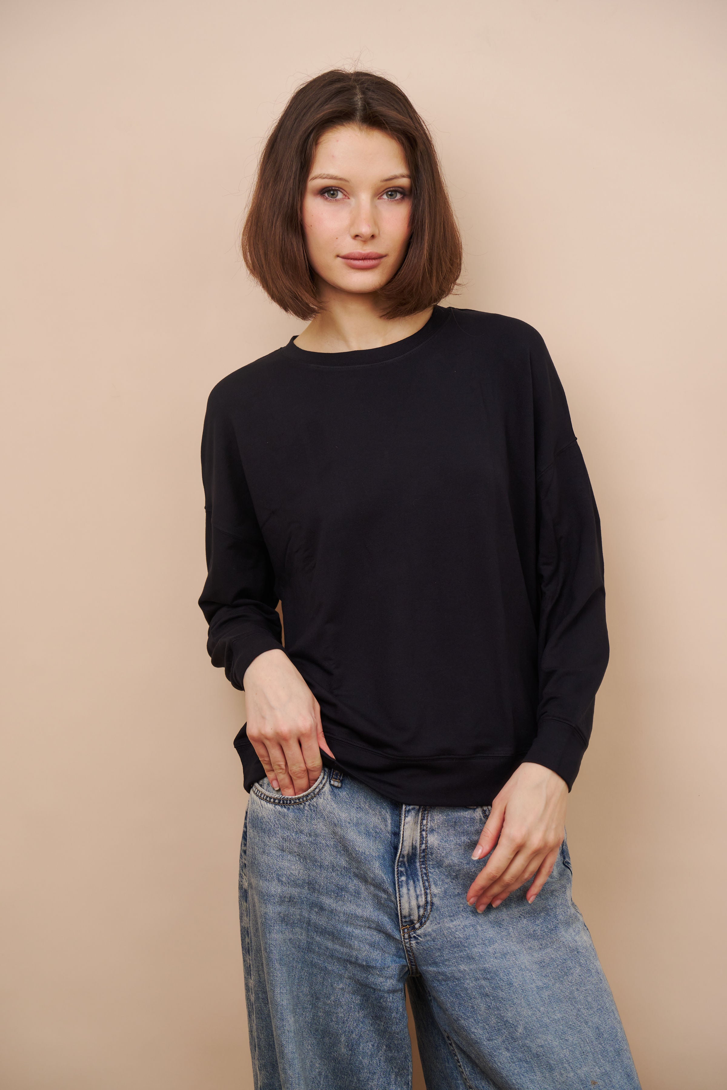 French Terry Long Sleeve Semi Relaxed Crewneck in Marine