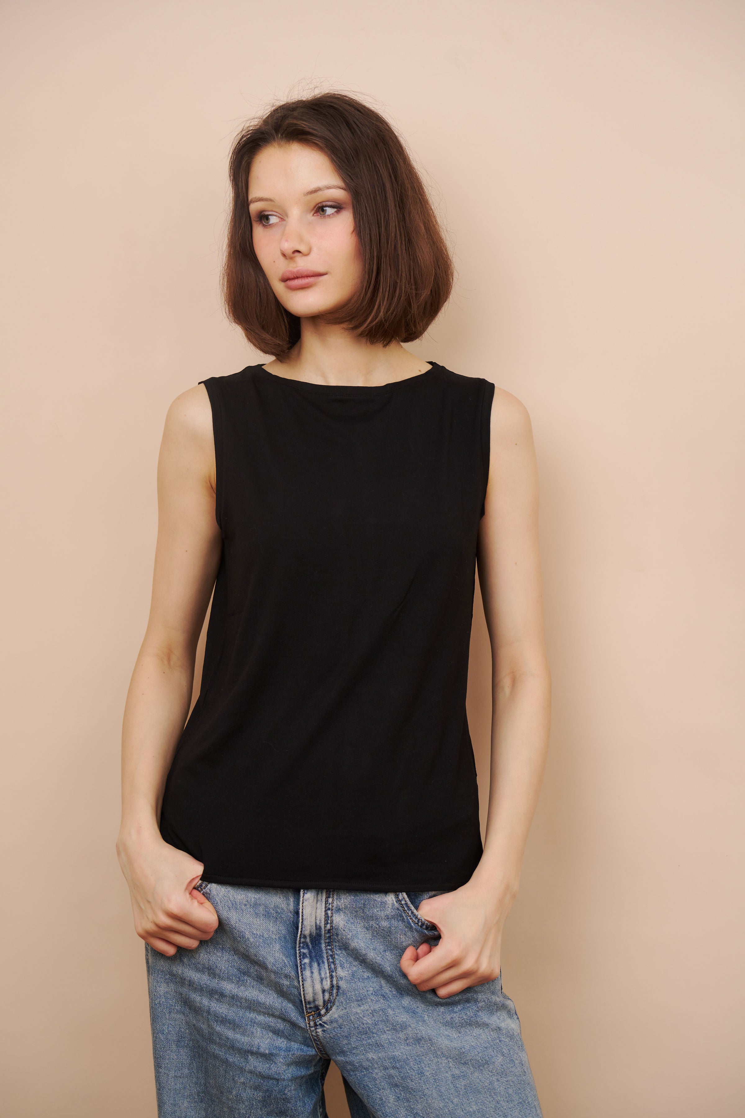 Majestic Soft Touch Semi Relaxed Boatneck Tank in Noir