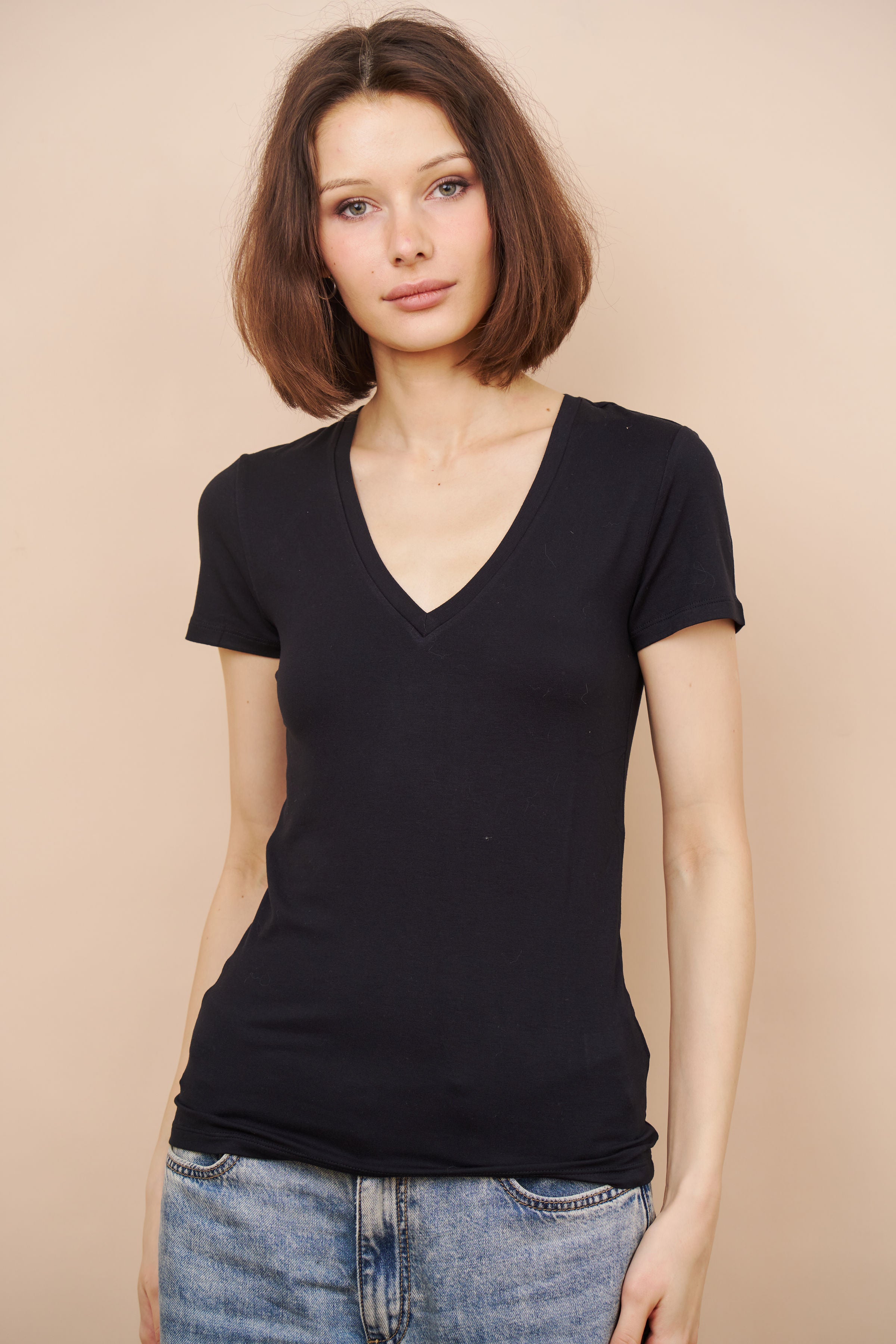 Majestic Short Sleeve V-Neck Tee in Marine