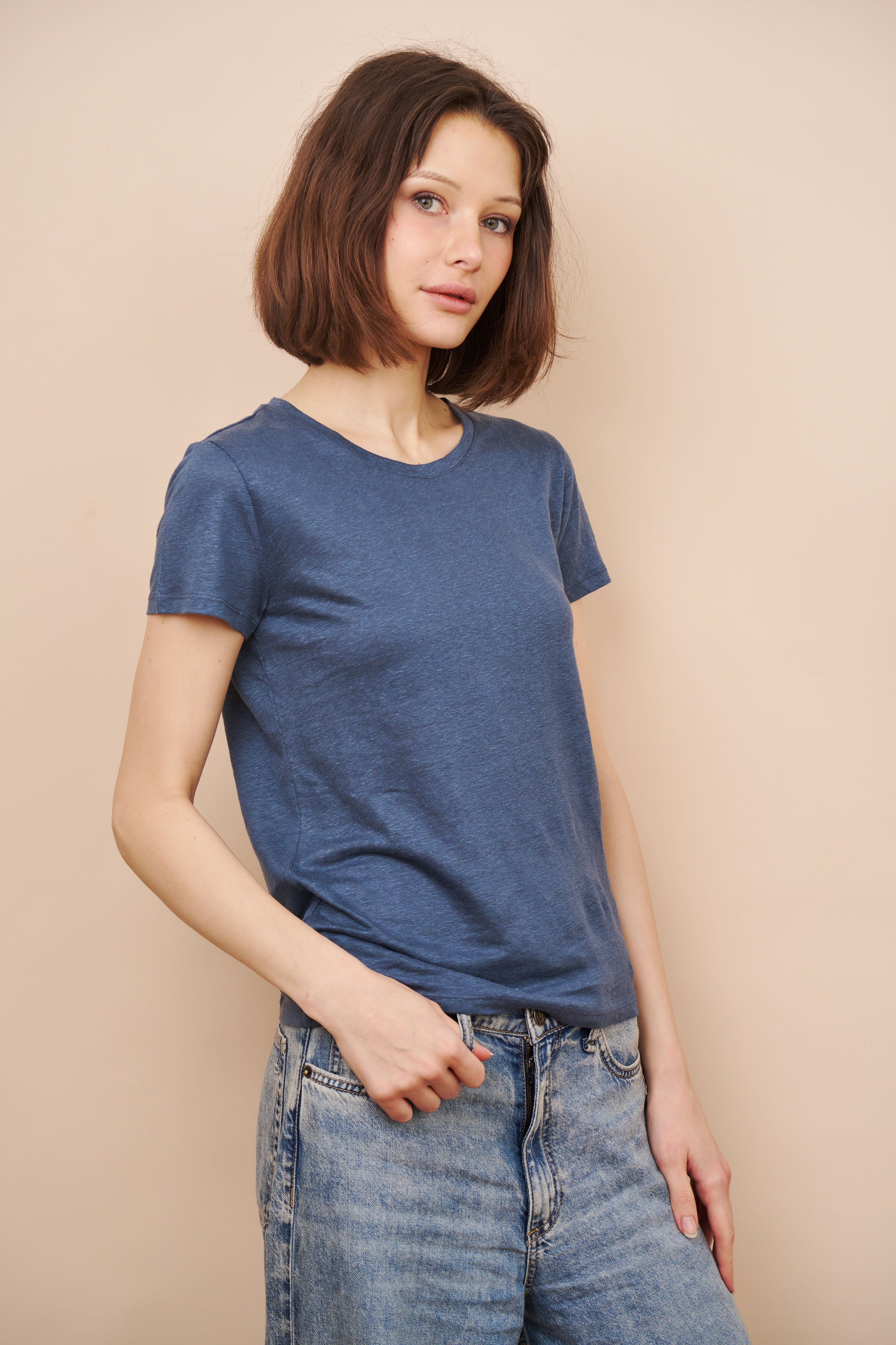 Majestic Linen Short Sleeve Crew Tee in Bleu de Nimes