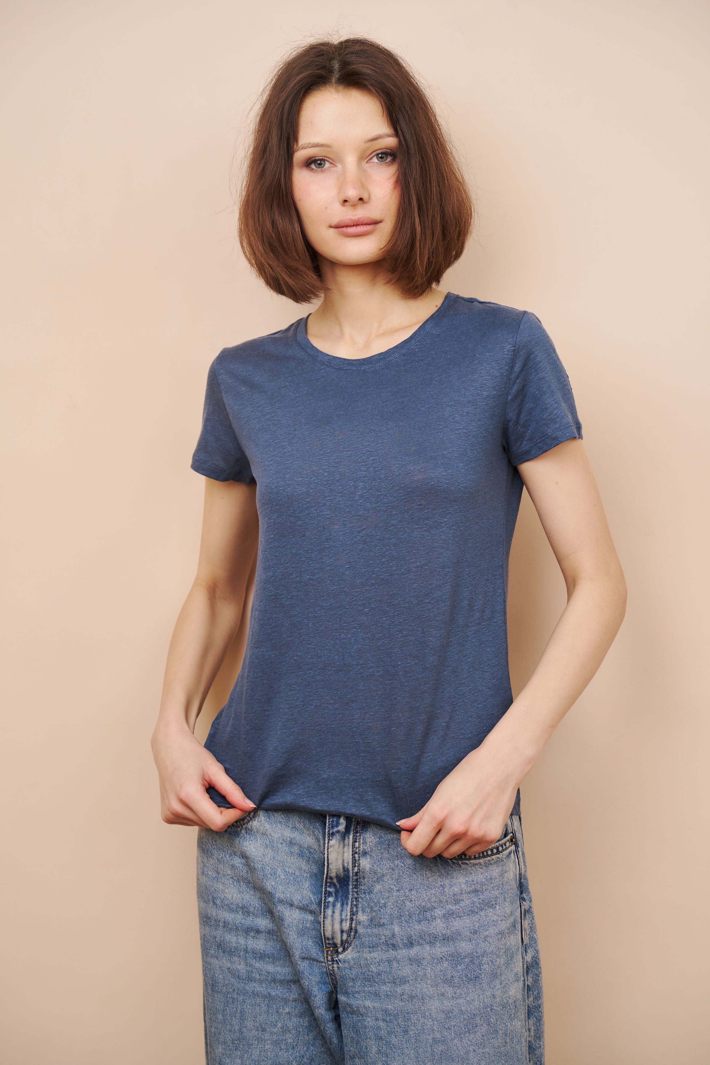 Majestic Linen Short Sleeve Crew Tee in Bleu de Nimes