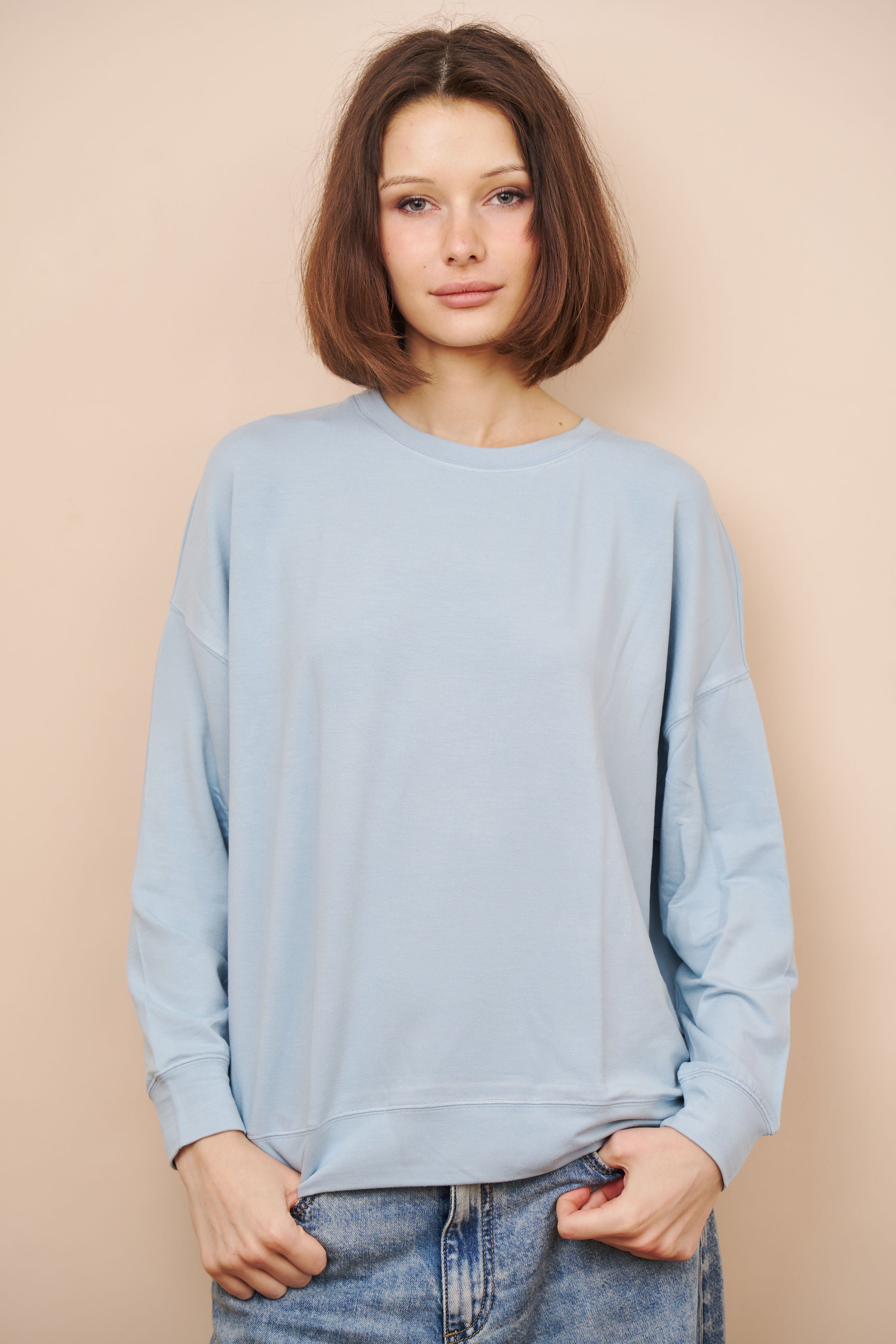 French Terry Long Sleeve Semi Relaxed Crewneck in Bleu Calanques