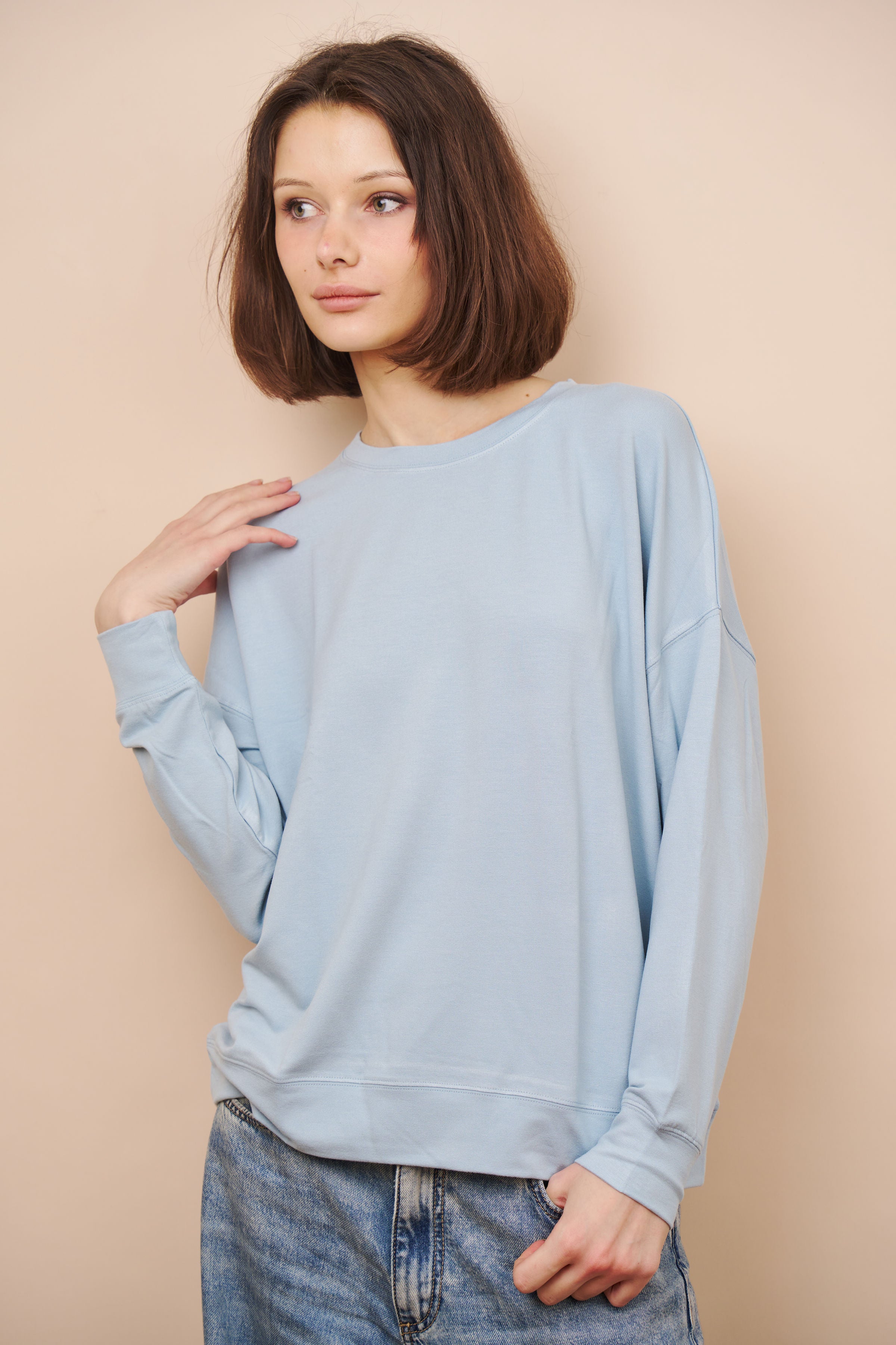French Terry Long Sleeve Semi Relaxed Crewneck in Bleu Calanques