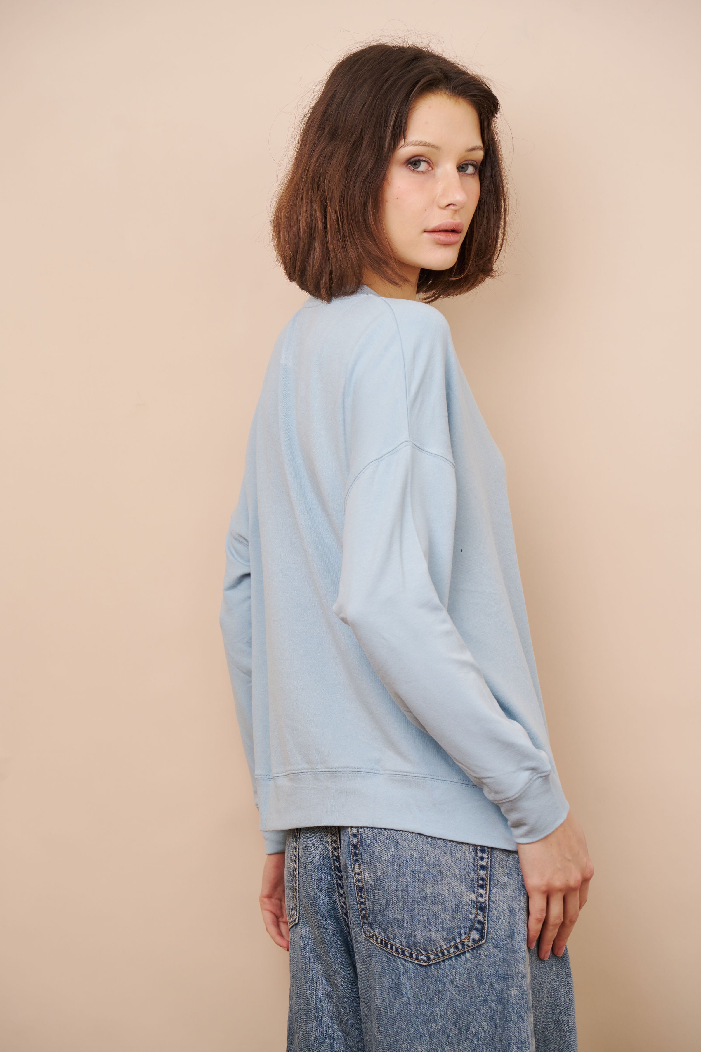 French Terry Long Sleeve Semi Relaxed Crewneck in Bleu Calanques
