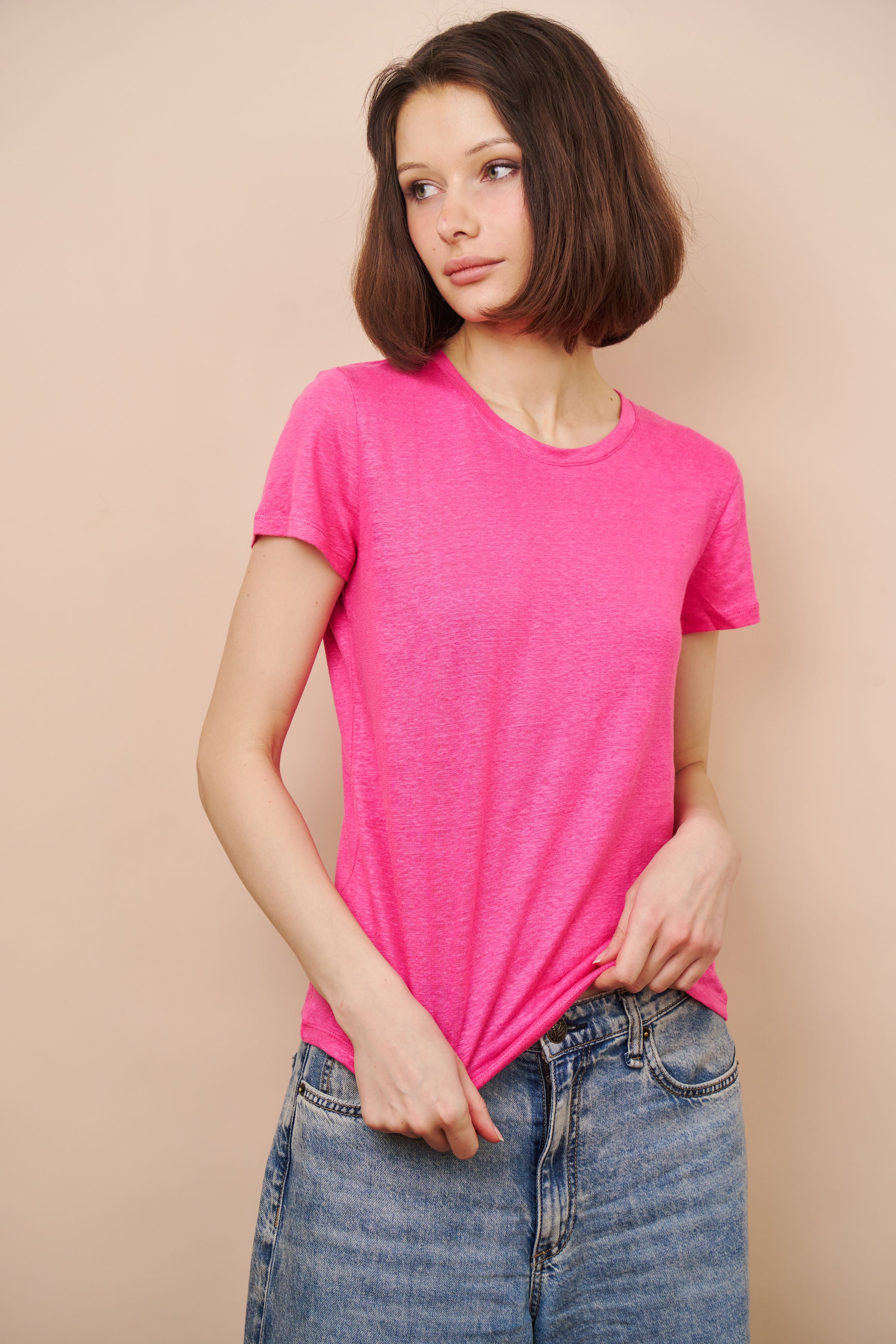 Majestic Linen Short Sleeve Crew Tee in Buganvillia